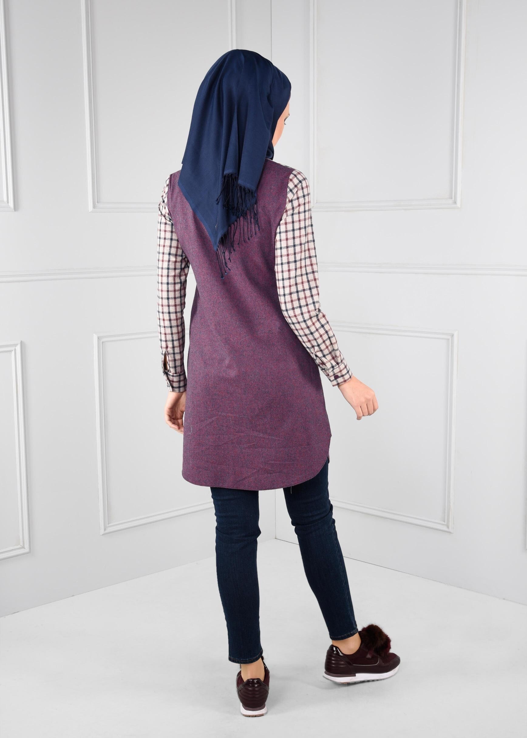 Tesettür giyim LACİVERT KOLLARI EKOSE CEPLİ TUNİK 4831