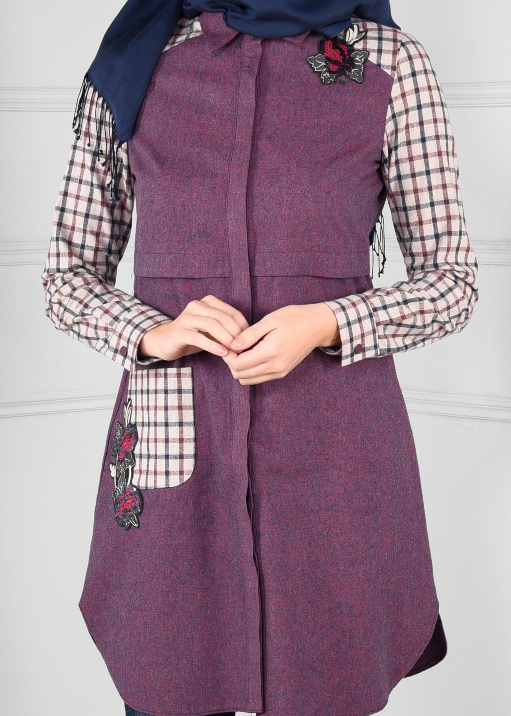 Tesettür giyim LACİVERT KOLLARI EKOSE CEPLİ TUNİK 4831