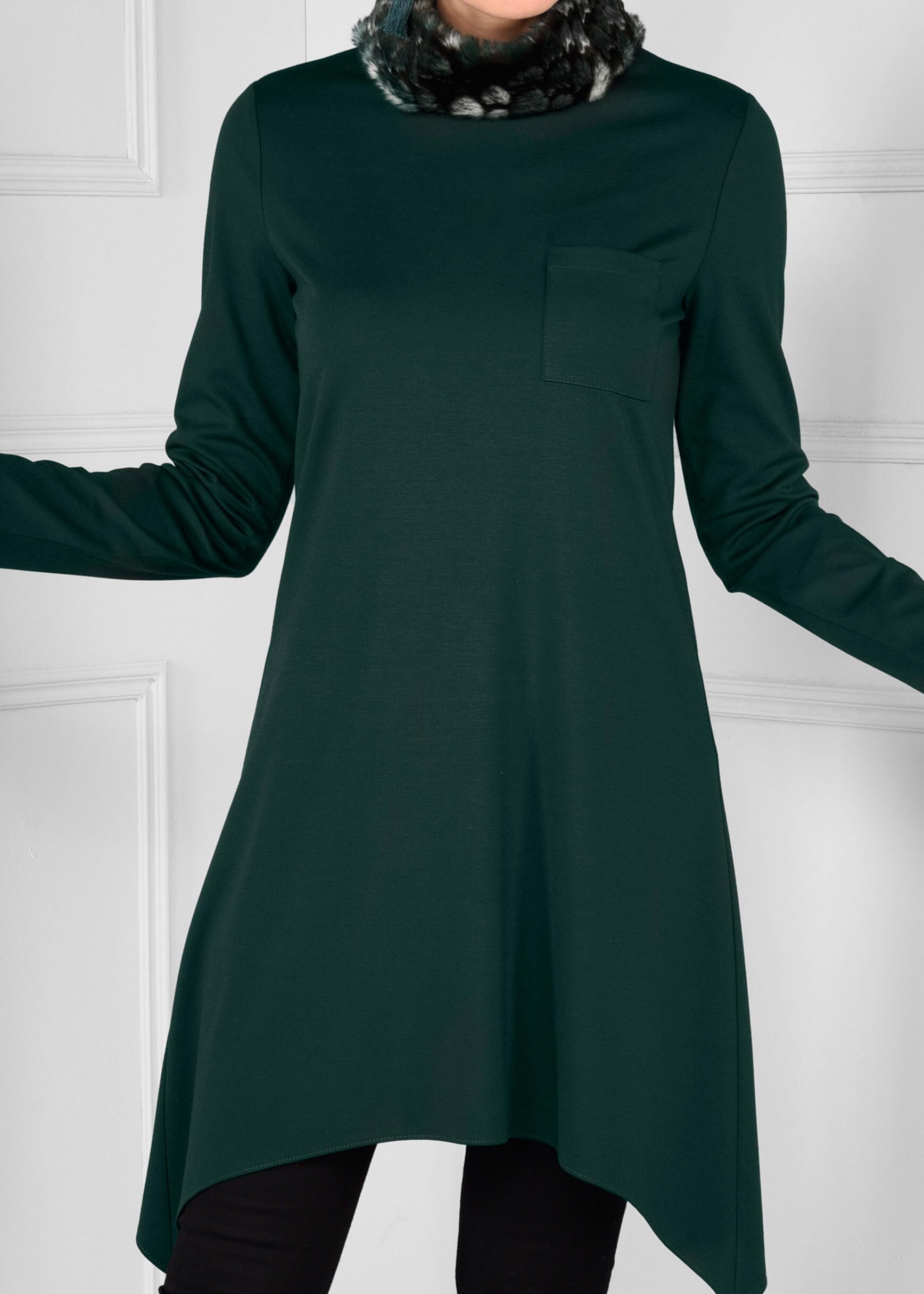 Tesettür giyim YEŞİL YAKASI PELUŞLU ASİMETRİK TUNİK 4838