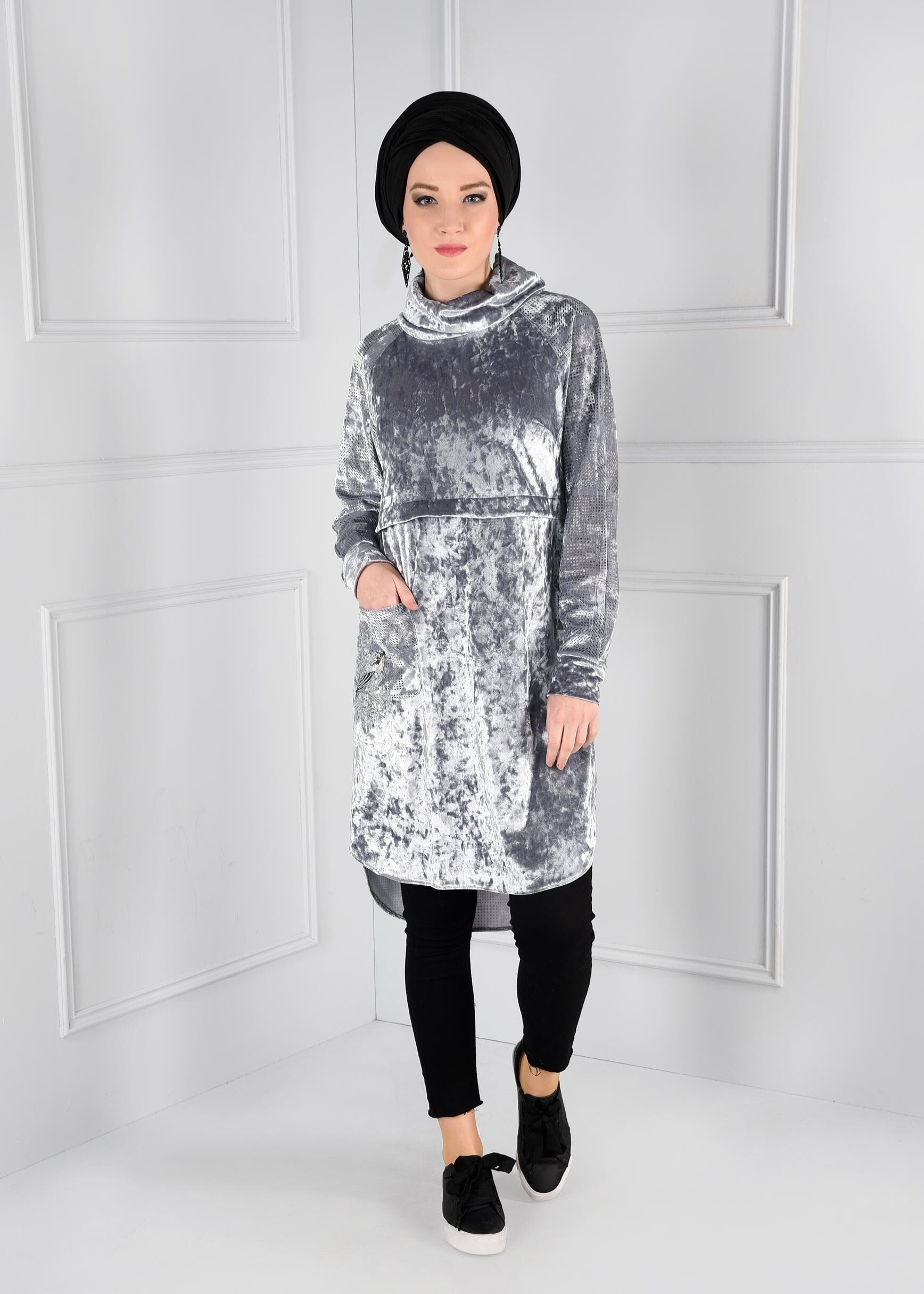 Tesettür giyim GRİ ŞAL YAKA CEPLİ KADİFE TUNİK 4840