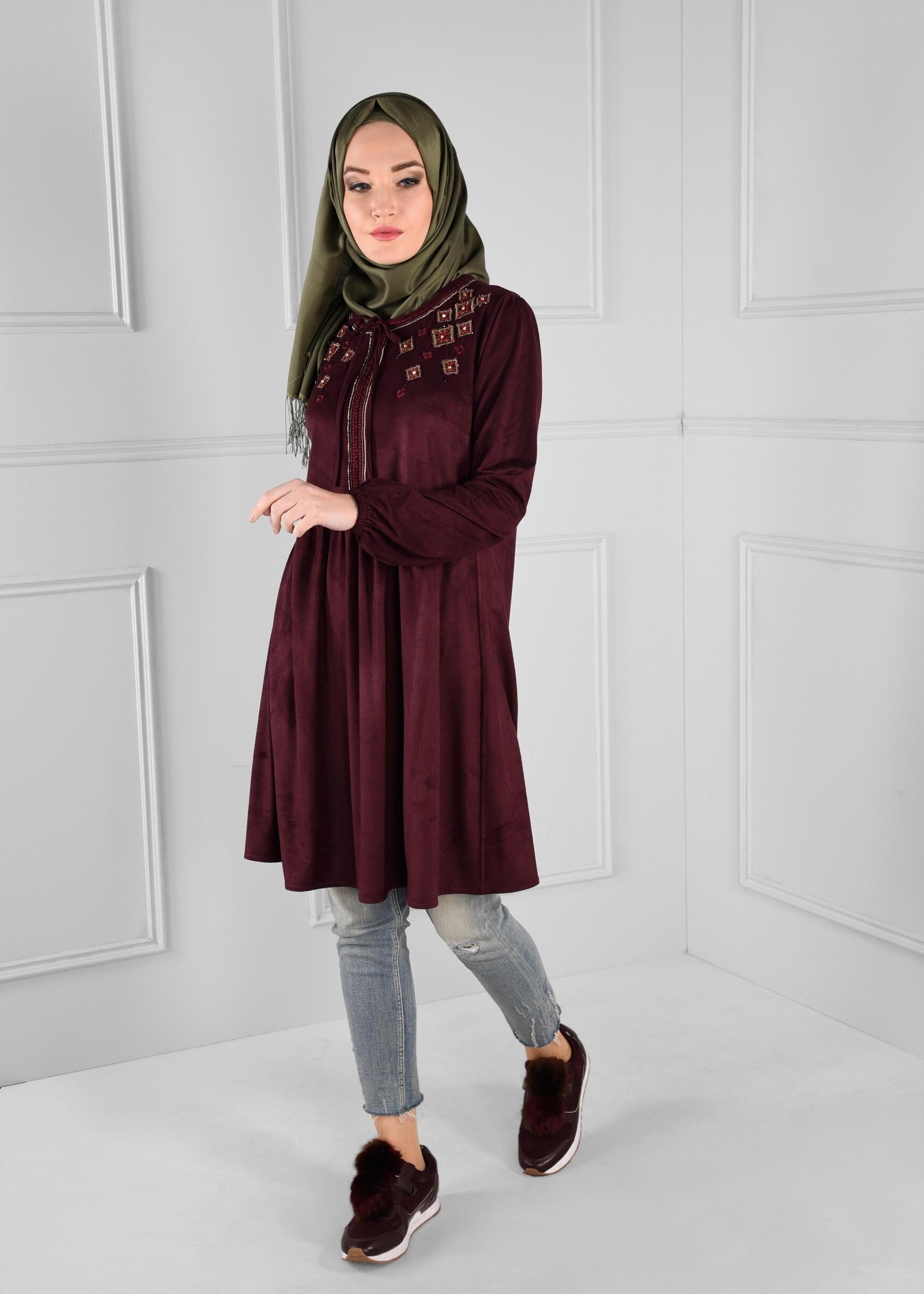 Tesettür giyim BORDO NAKIŞ BONCUK İŞLEMELİ TUNİK 4841