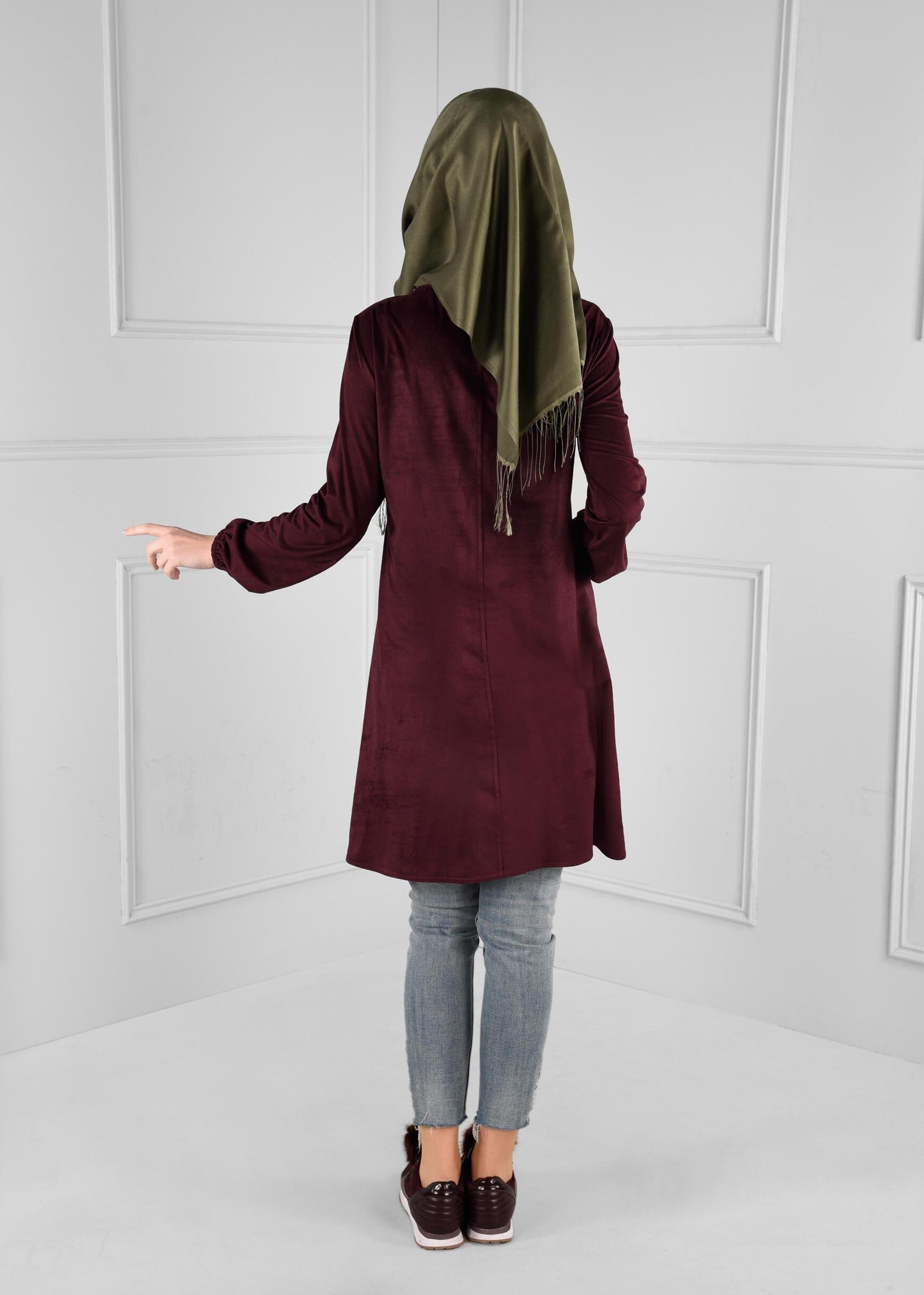 Tesettür giyim BORDO NAKIŞ BONCUK İŞLEMELİ TUNİK 4841