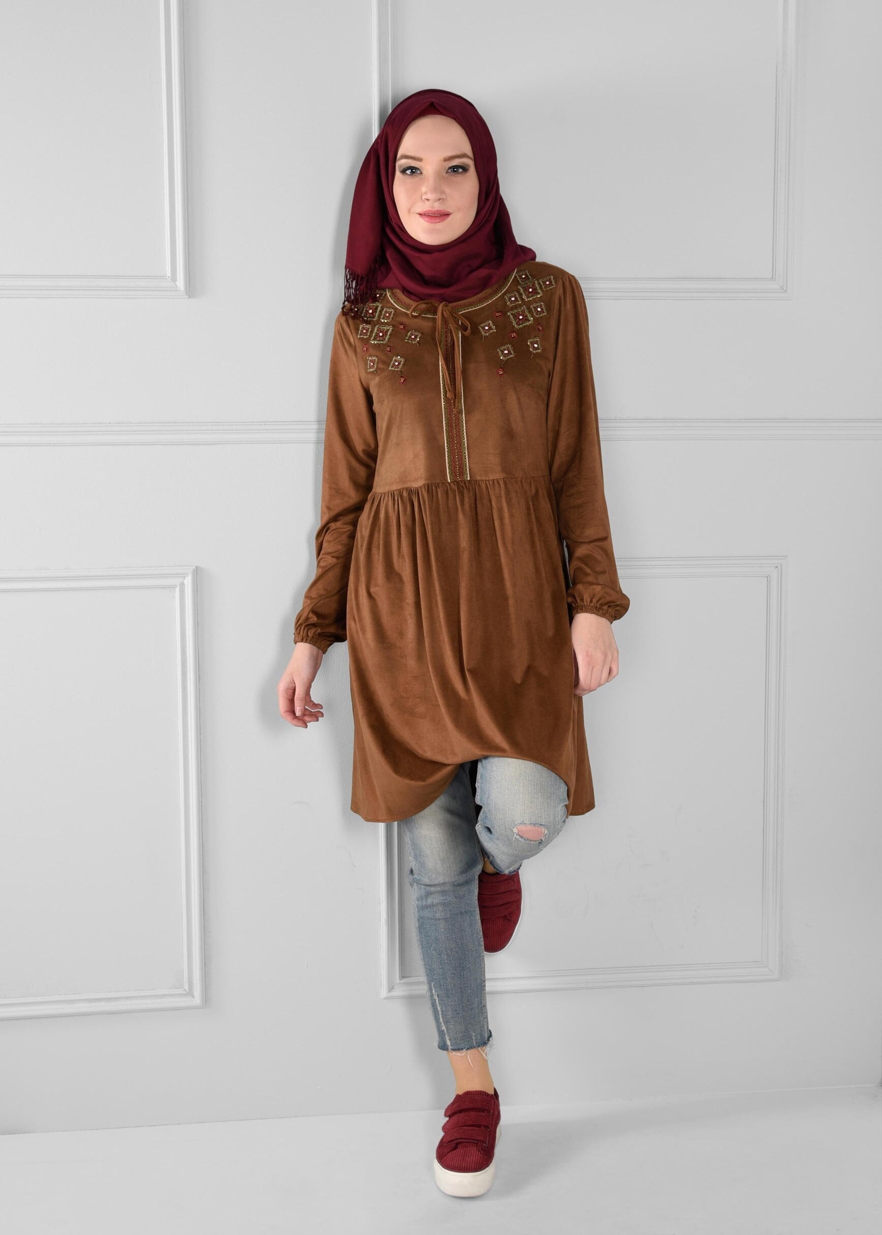 Tesettür giyim TABA NAKIŞ BONCUK İŞLEMELİ TUNİK 4841