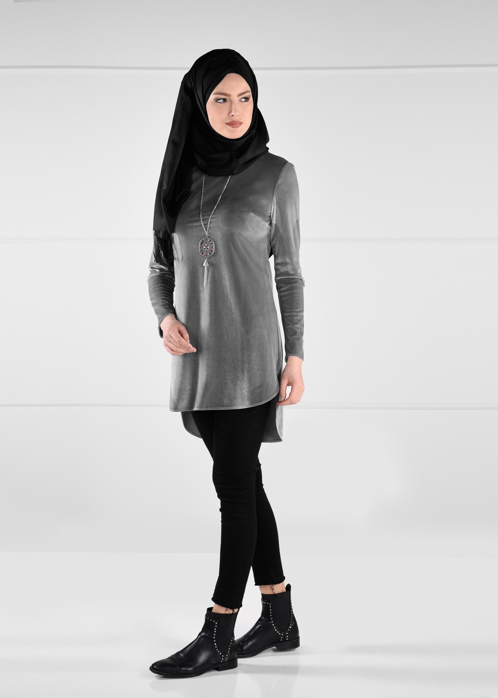 Tesettür giyim GRİ ASİMETRİK KESİM KADİFE TUNİK 4842