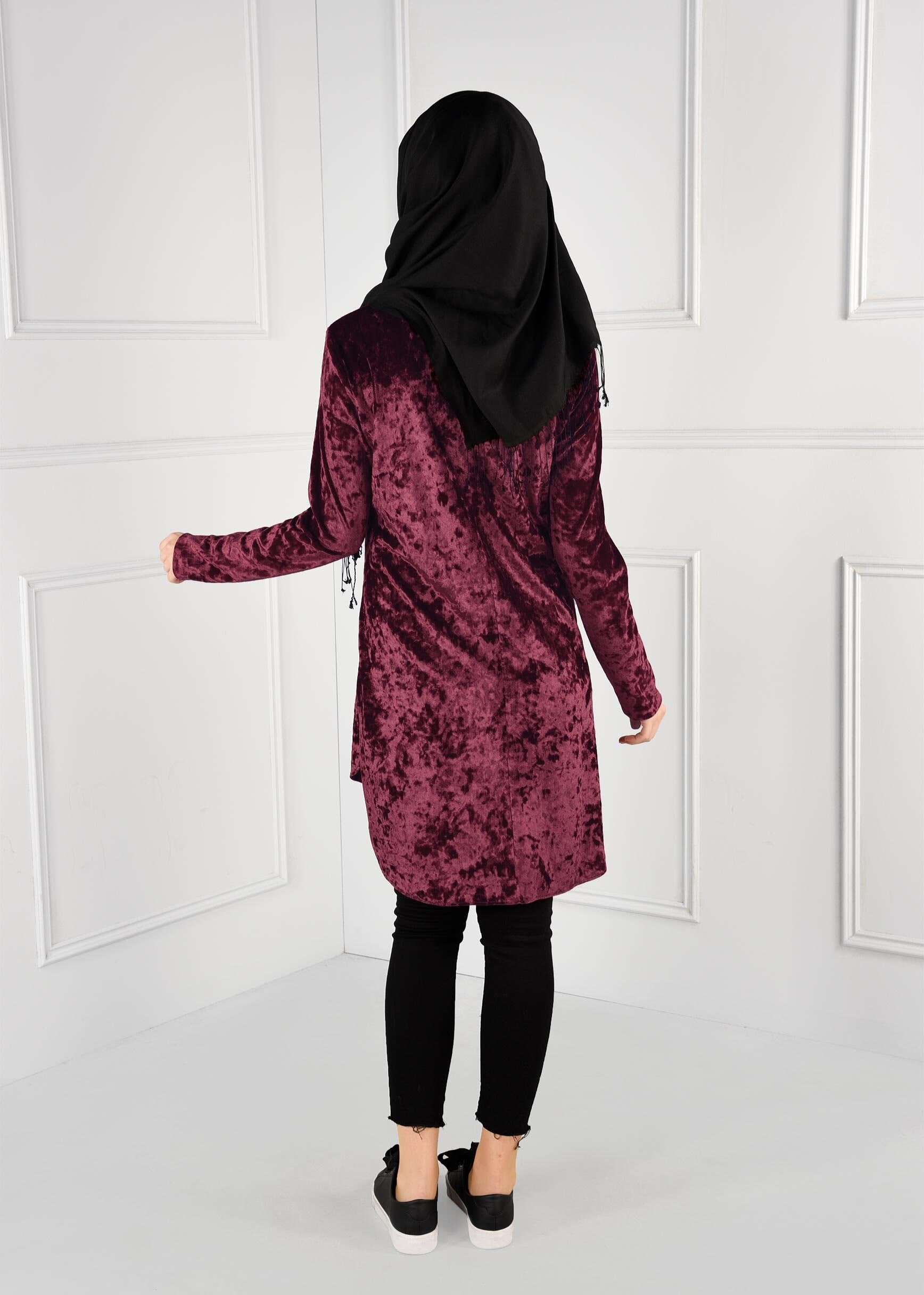 Tesettür giyim BORDO ASİMETRİK KESİM KADİFE TUNİK 4842