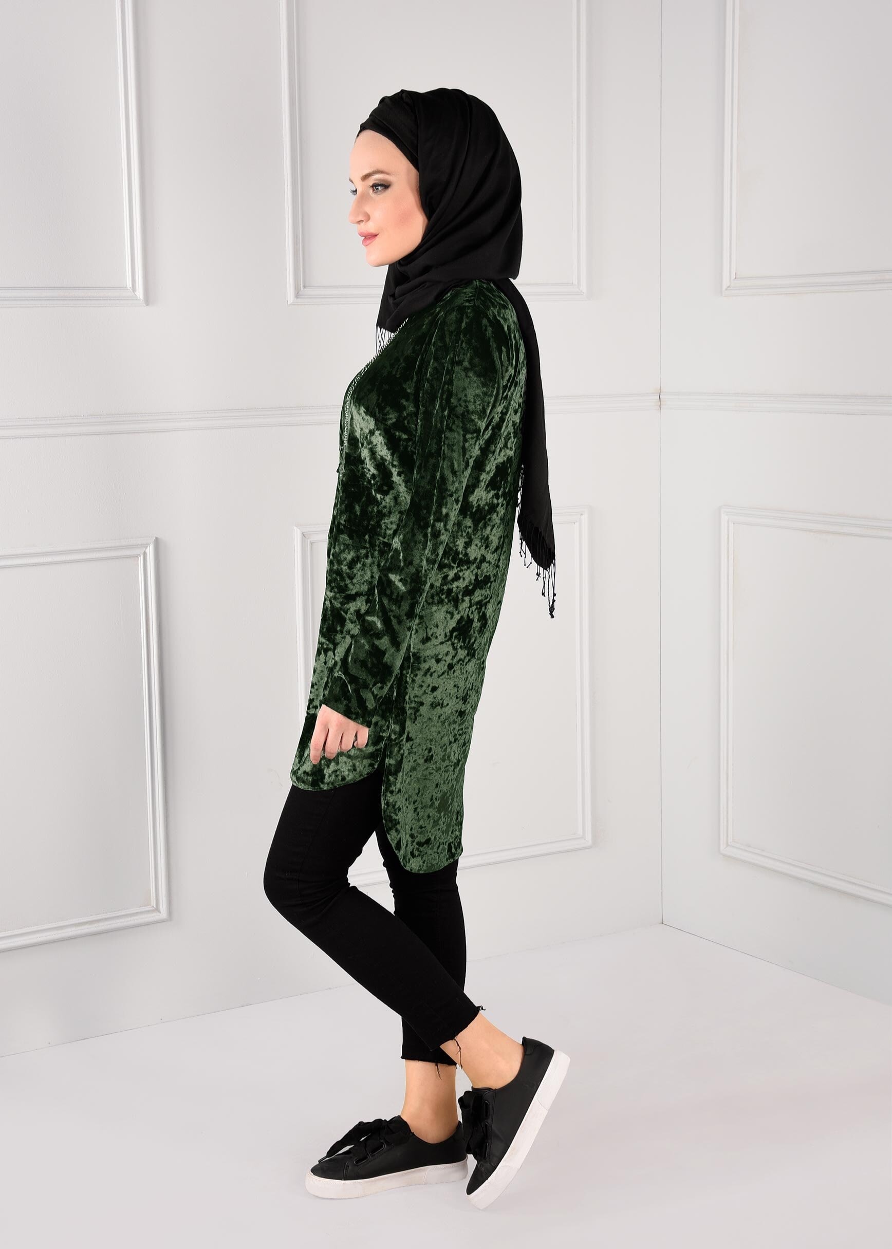 Tesettür giyim HAKİ ASİMETRİK KESİM KADİFE TUNİK 4842
