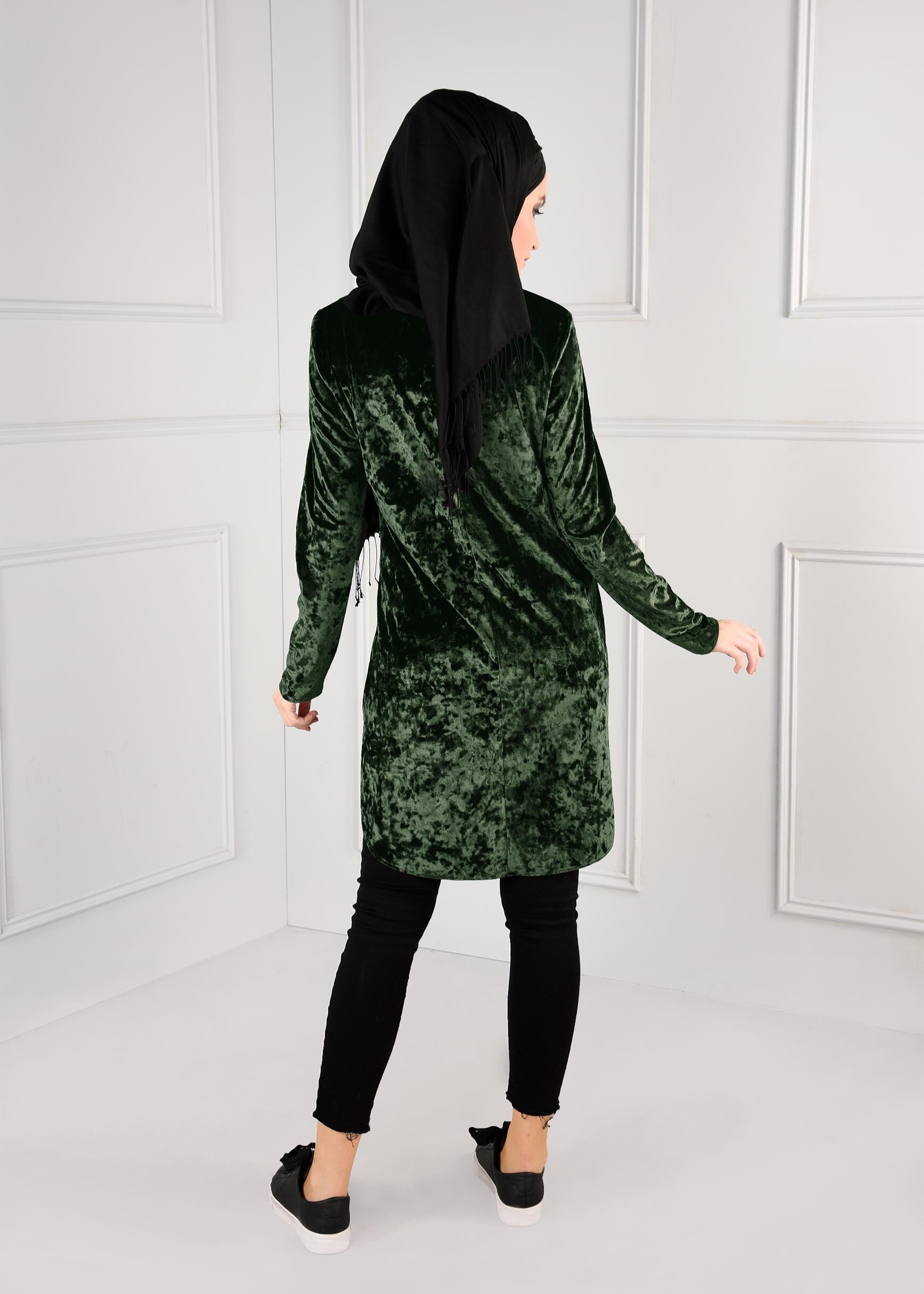 Tesettür giyim HAKİ ASİMETRİK KESİM KADİFE TUNİK 4842