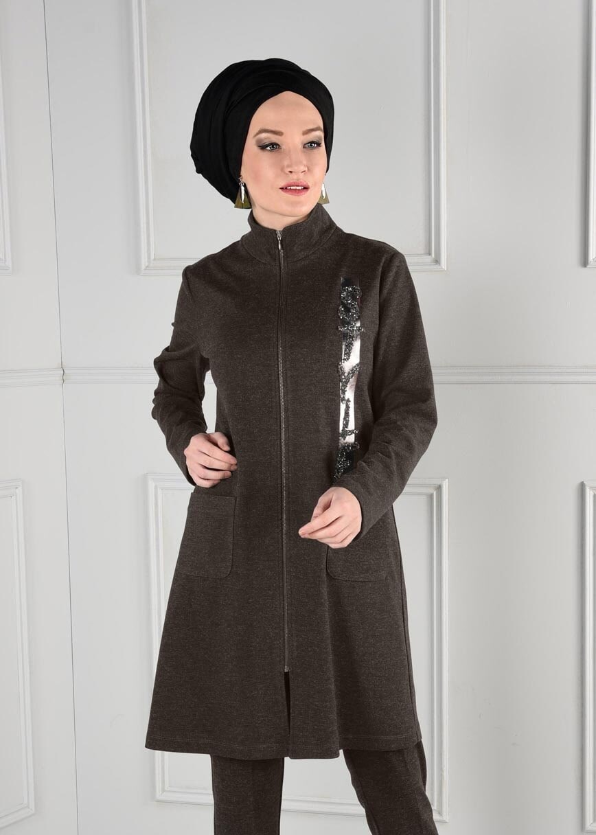 Tesettür giyim HAKİ BASKILI FERMUARLI TUNİK 4865