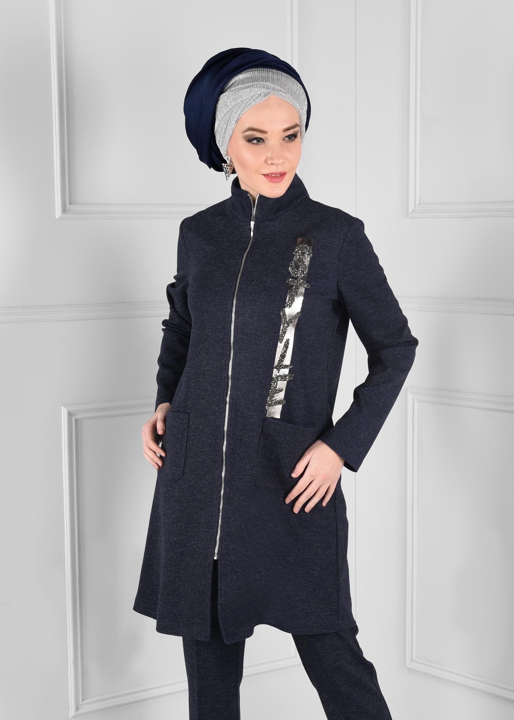 Tesettür giyim LACİVERT BASKILI FERMUARLI TUNİK 4865