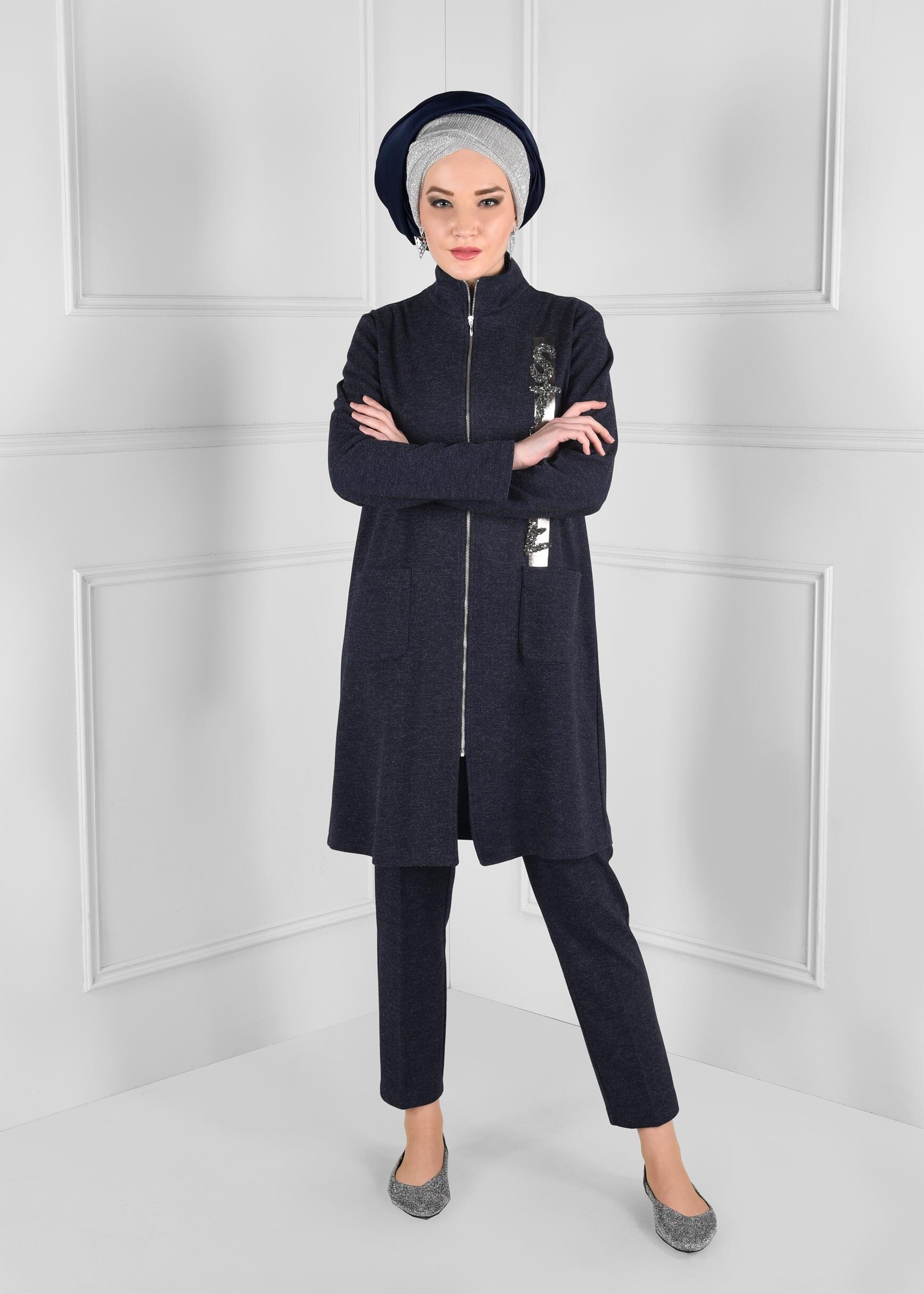 Tesettür giyim LACİVERT BASKILI FERMUARLI TUNİK 4865