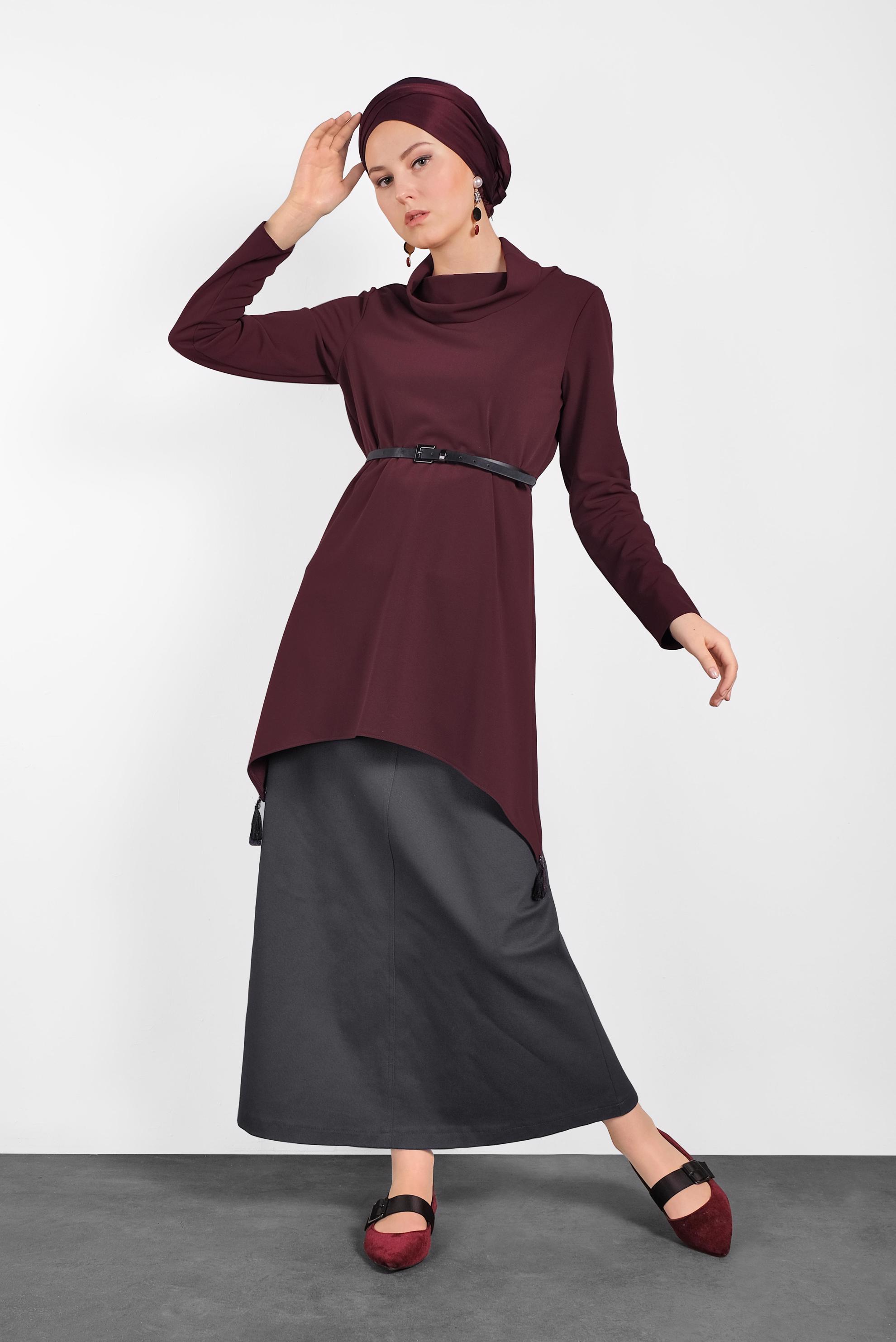 Tesettür giyim BORDO PÜSKÜLLÜ ŞAL YAKA TUNİK 4866