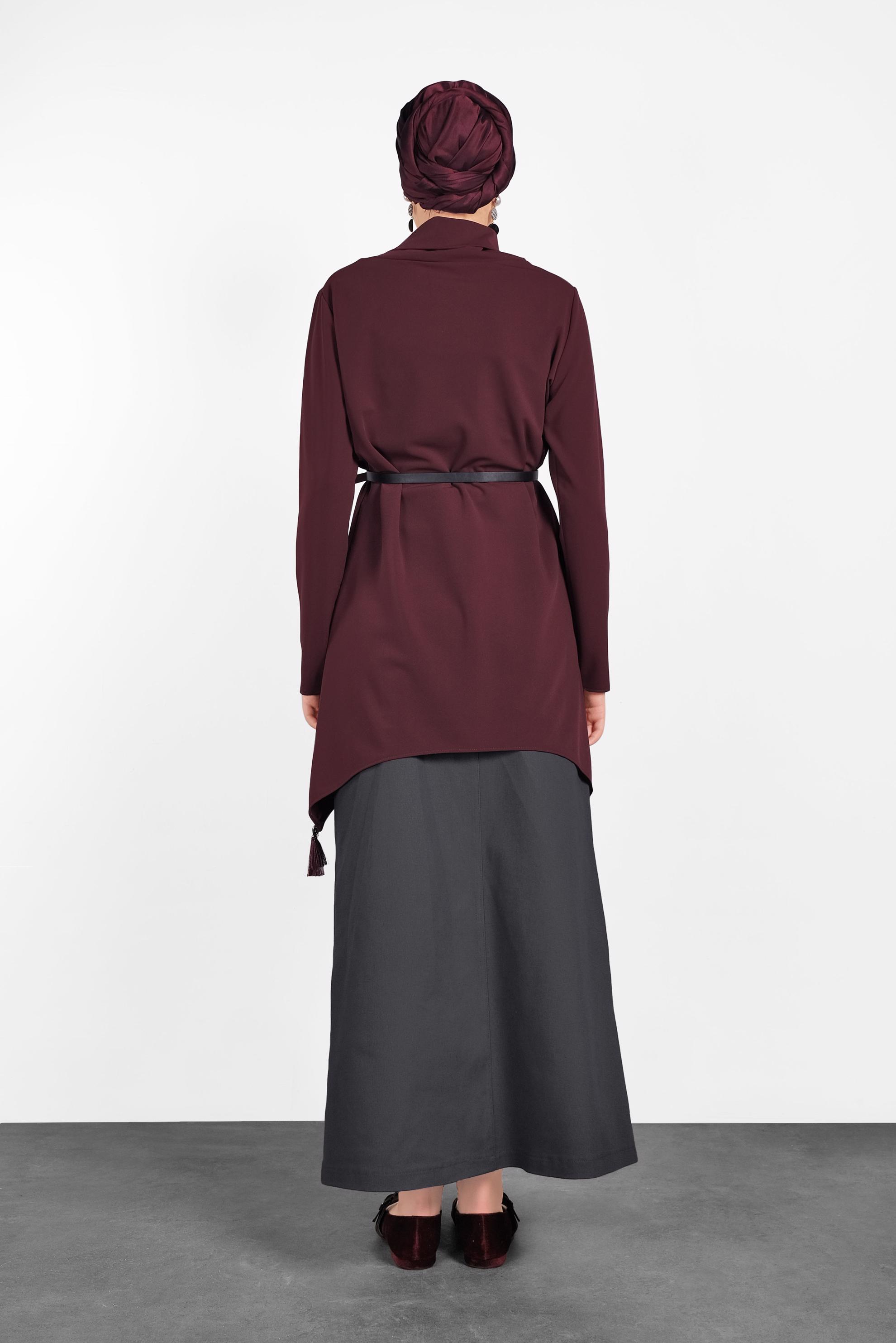 Tesettür giyim BORDO PÜSKÜLLÜ ŞAL YAKA TUNİK 4866