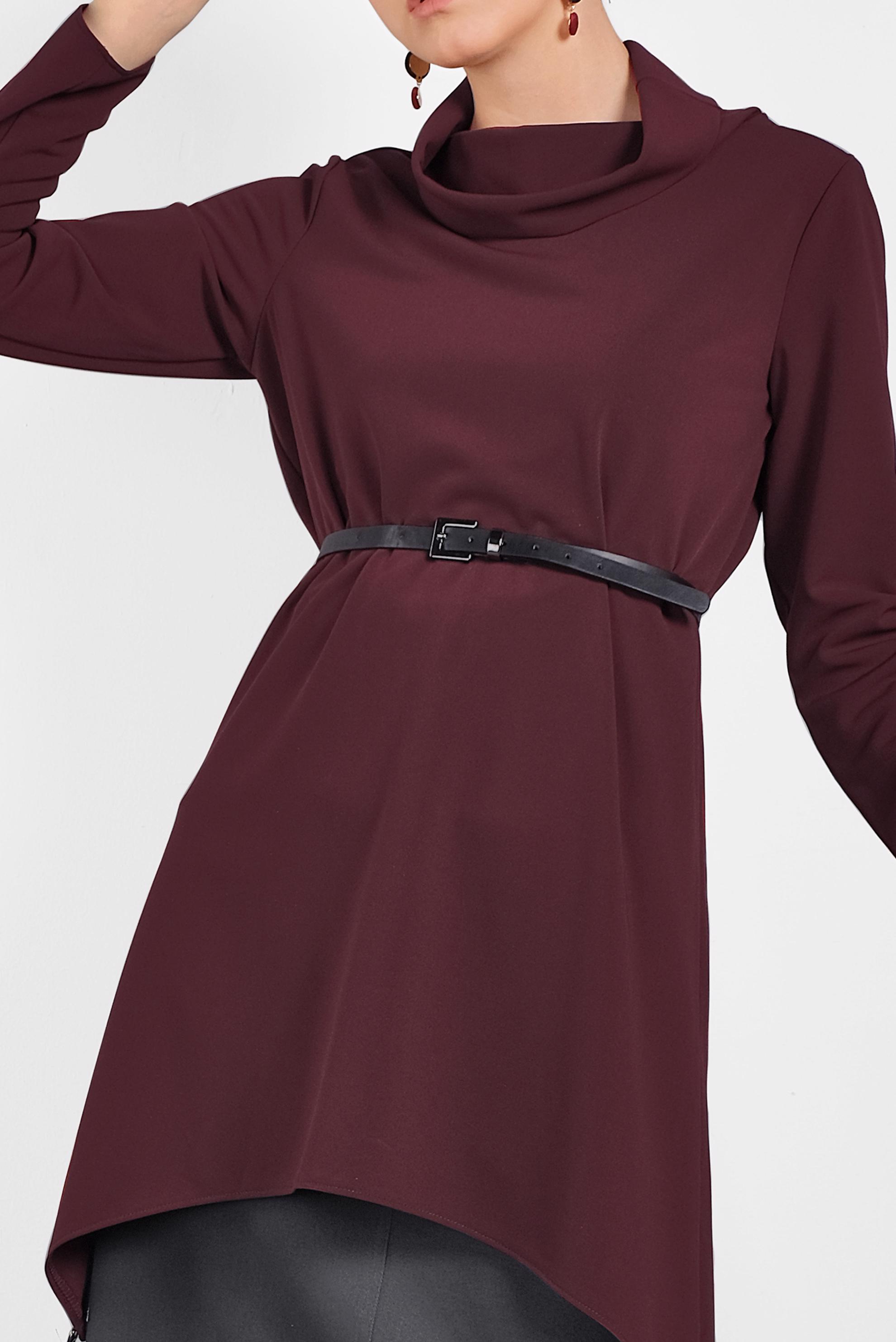 Tesettür giyim BORDO PÜSKÜLLÜ ŞAL YAKA TUNİK 4866