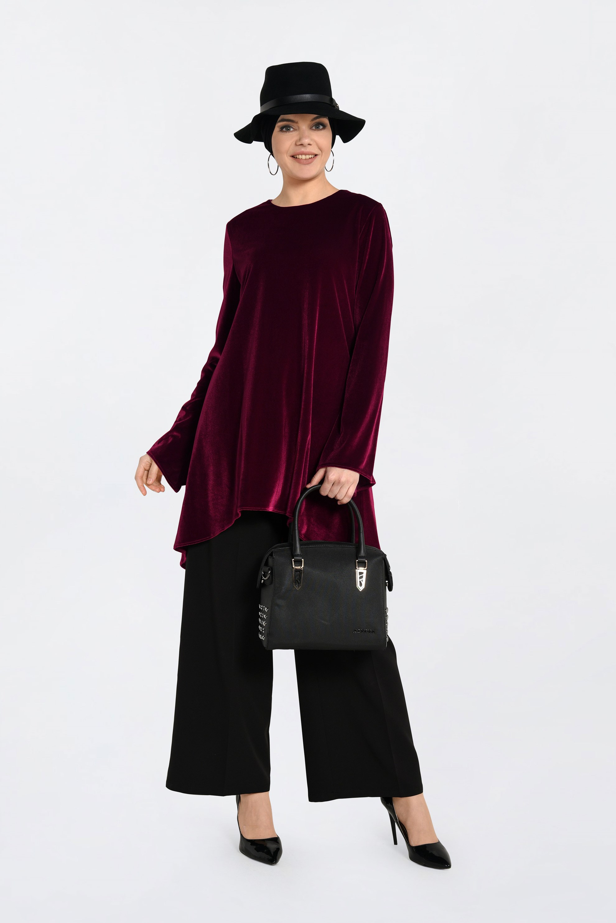 Tesettür giyim BORDO KADİFE BİSİKLET YAKA TUNİK 4867 