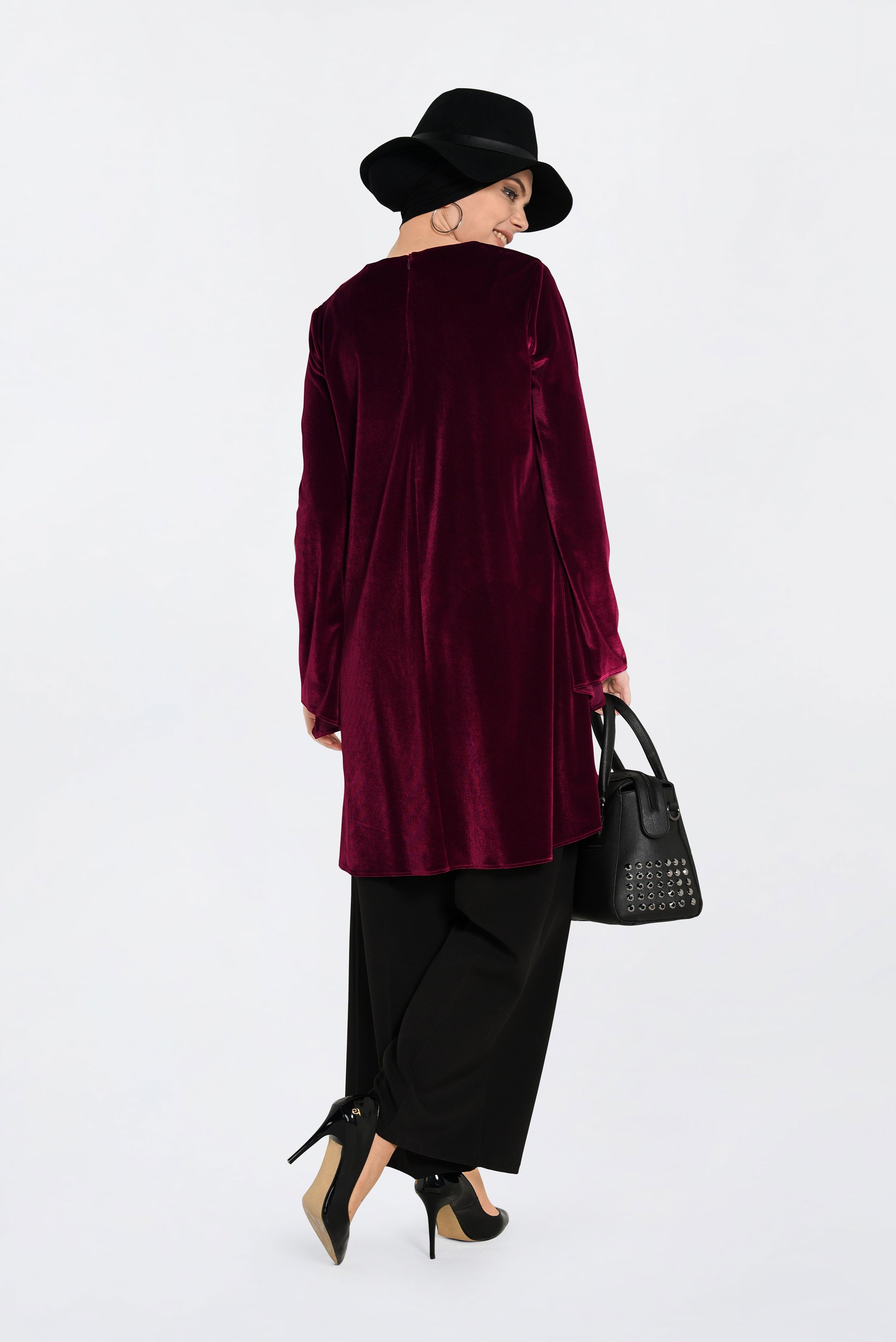 Tesettür giyim BORDO KADİFE BİSİKLET YAKA TUNİK 4867 