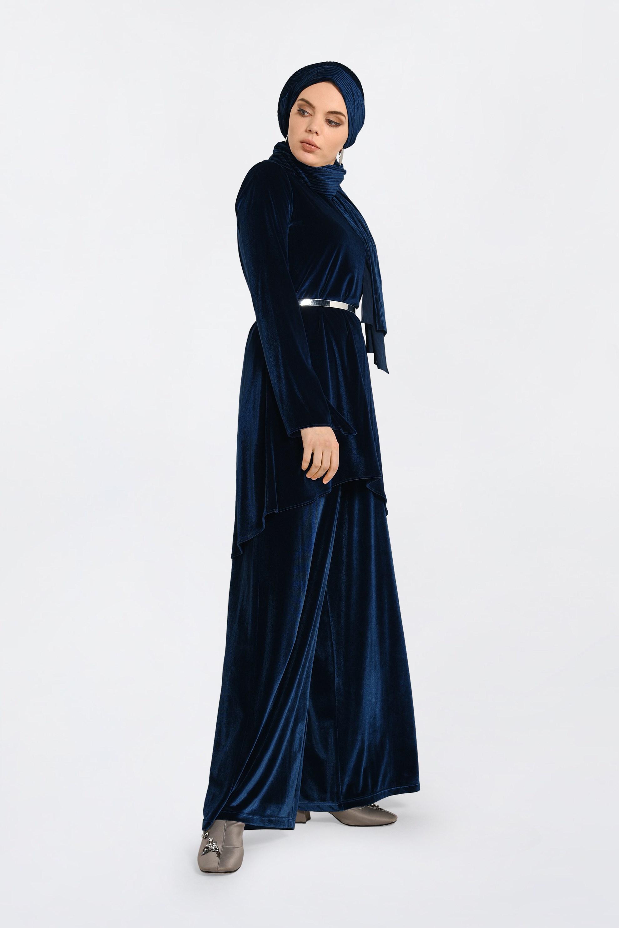 Tesettür giyim LACİVERT KADİFE BİSİKLET YAKA TUNİK 4867 