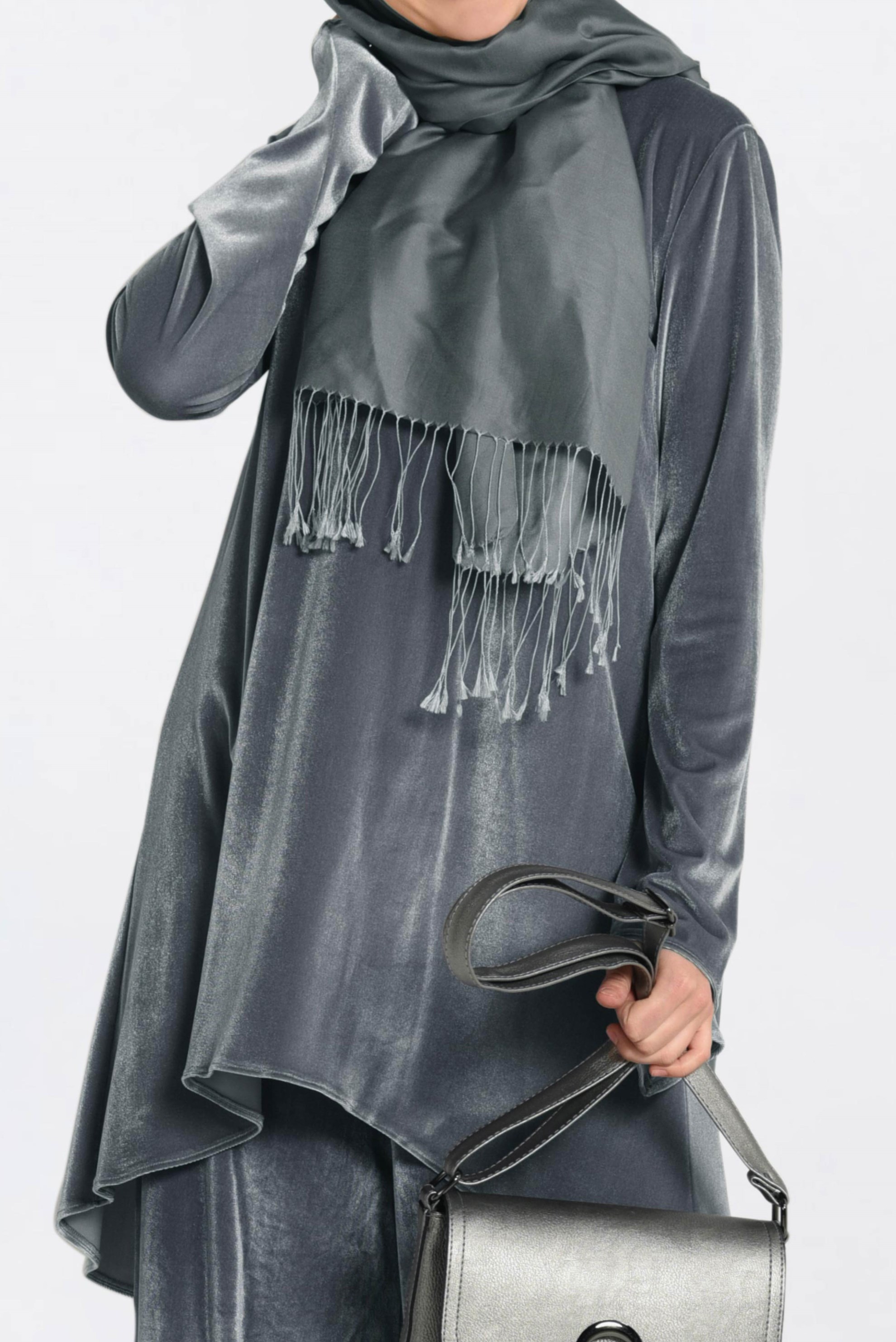 Tesettür giyim GÜMÜŞ KADİFE BİSİKLET YAKA TUNİK 4867 