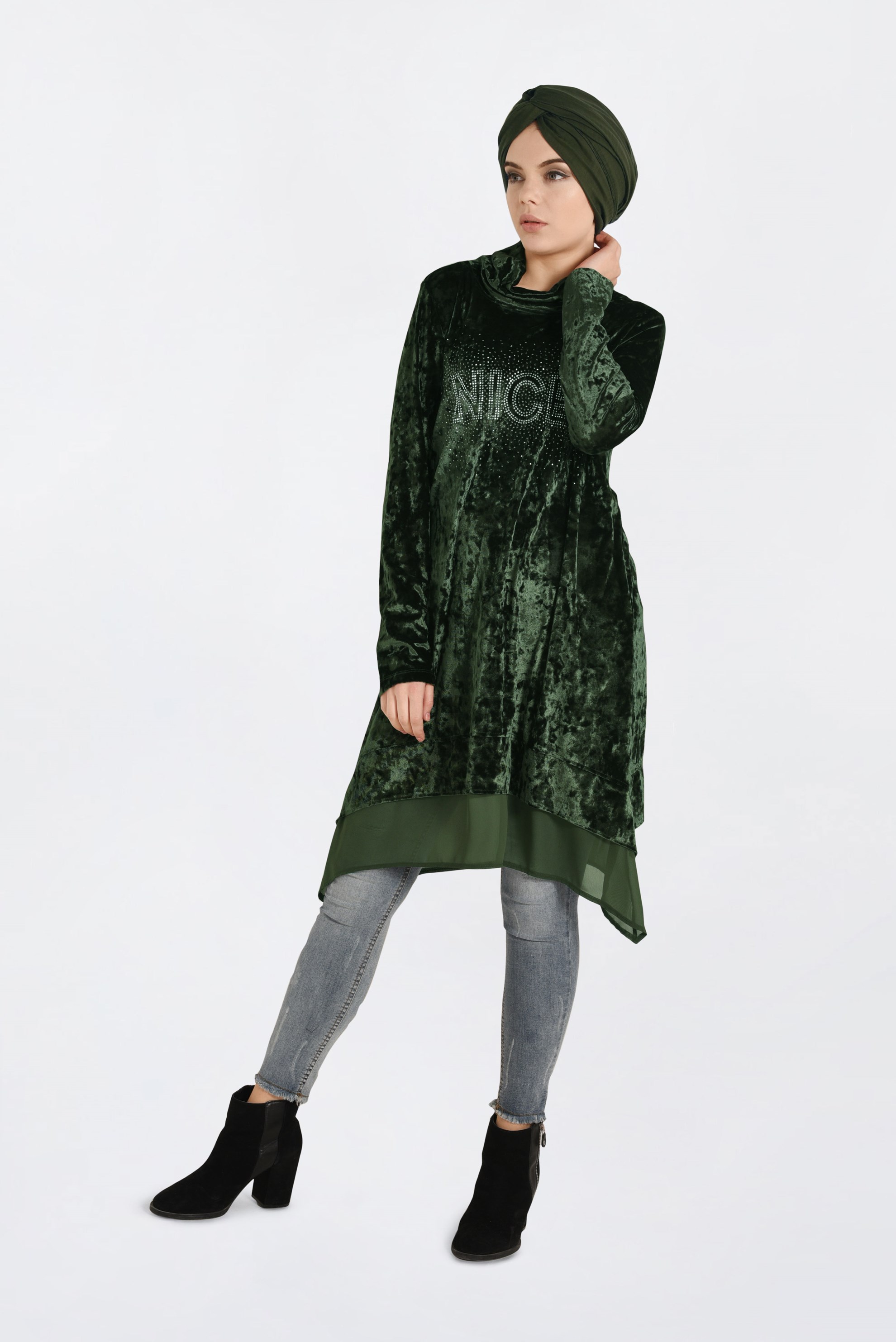 Tesettür giyim HAKİ TAŞ BASKILI ETEK UCU ŞİFONLU KADİFE TUNİK 4868 