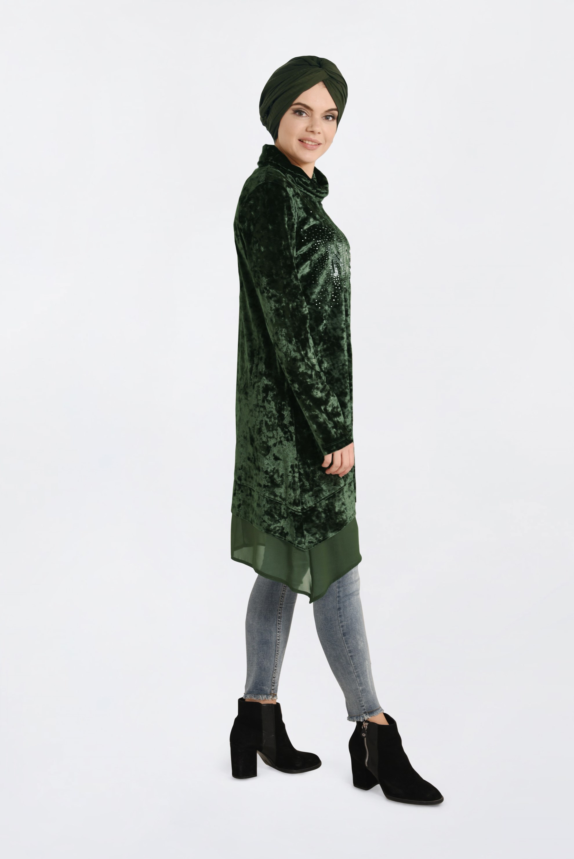 Tesettür giyim HAKİ TAŞ BASKILI ETEK UCU ŞİFONLU KADİFE TUNİK 4868 