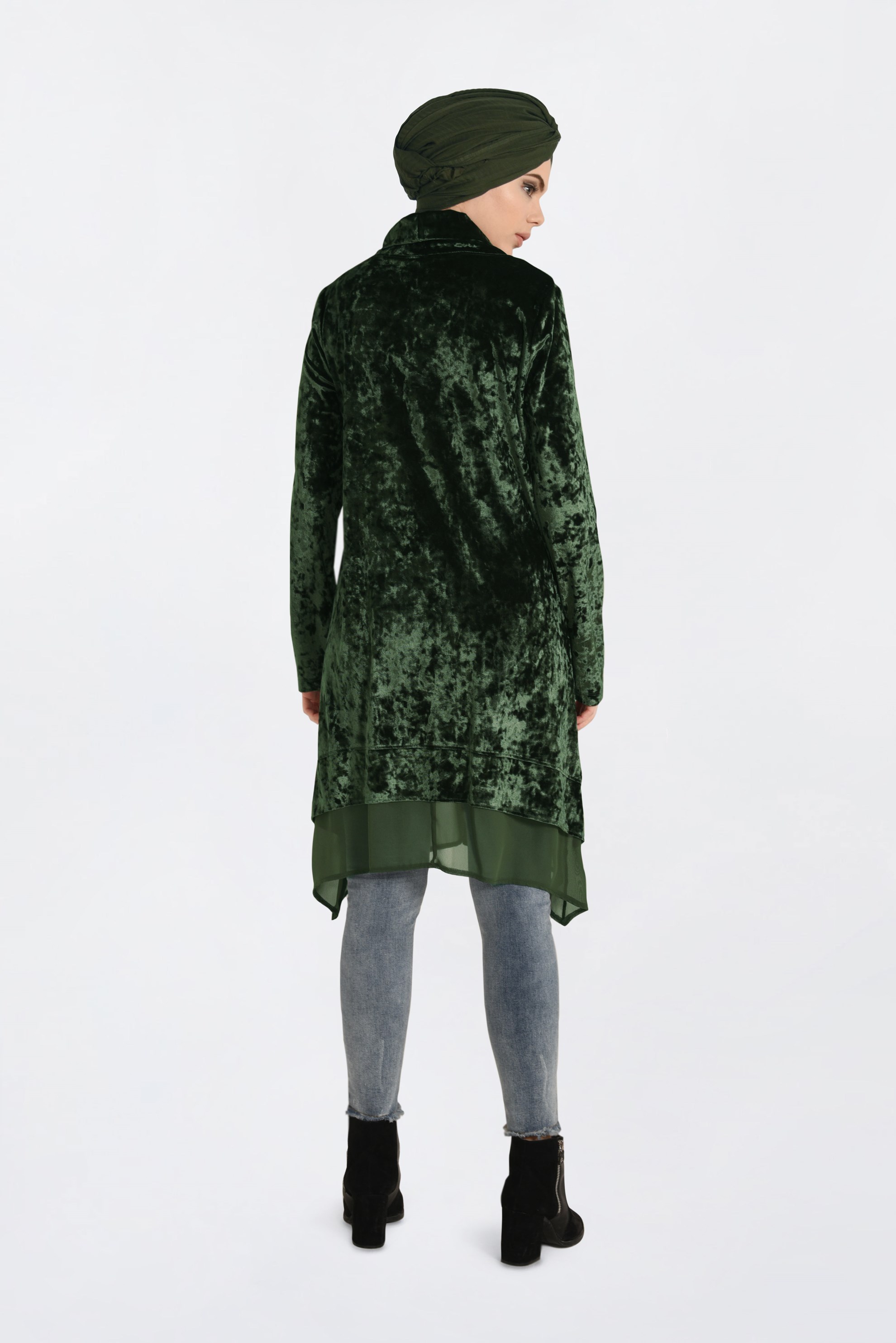 Tesettür giyim HAKİ TAŞ BASKILI ETEK UCU ŞİFONLU KADİFE TUNİK 4868 