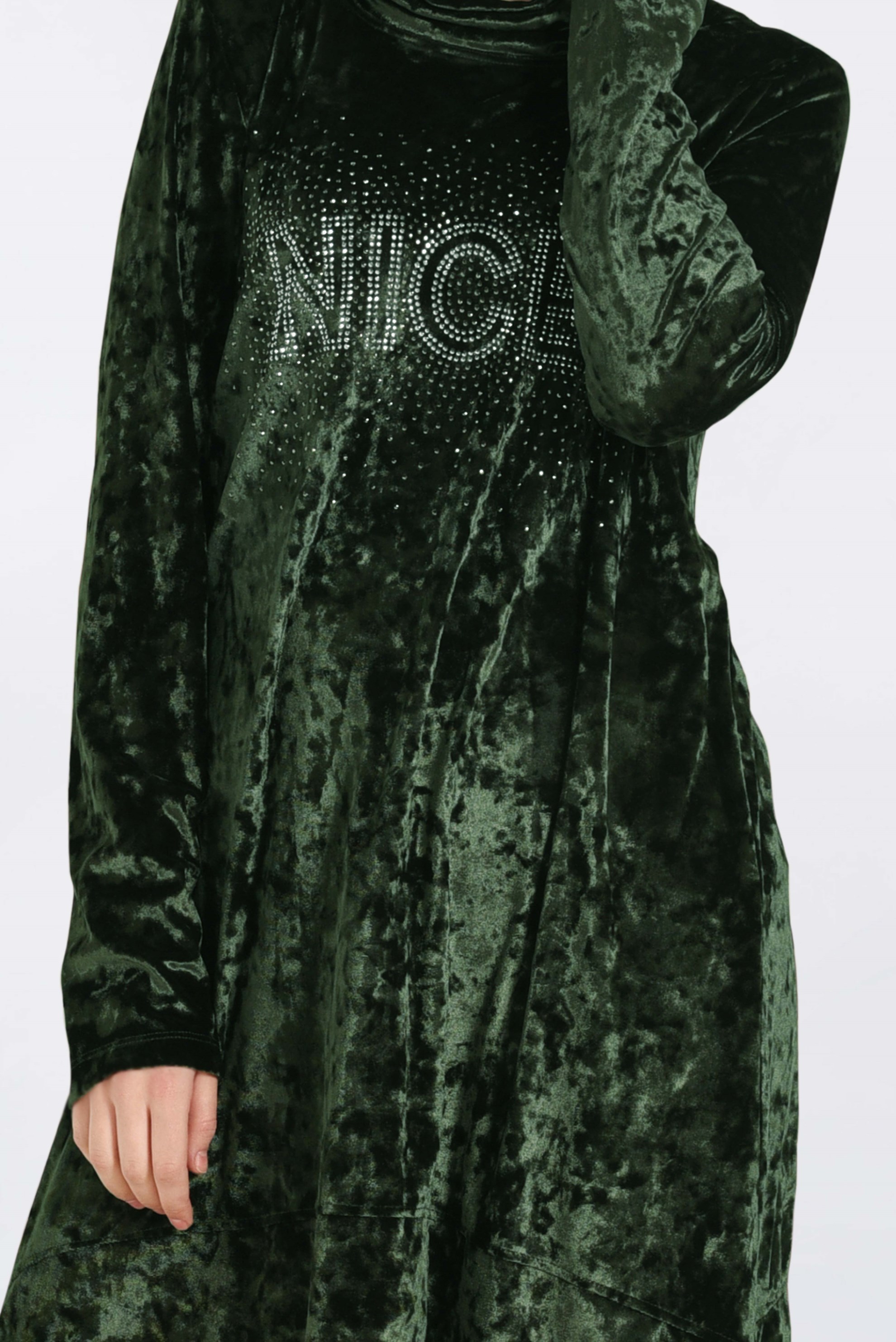 Tesettür giyim HAKİ TAŞ BASKILI ETEK UCU ŞİFONLU KADİFE TUNİK 4868 