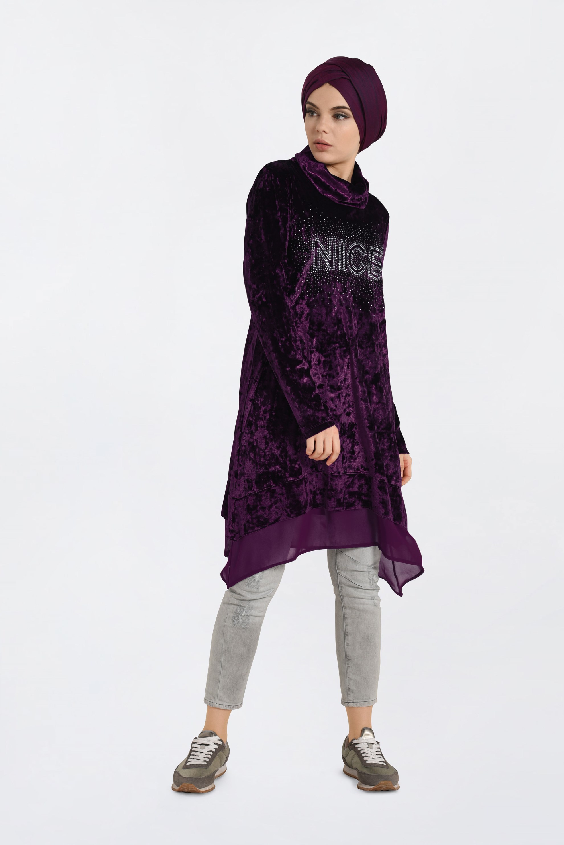 Tesettür giyim MÜRDÜM TAŞ BASKILI ETEK UCU ŞİFONLU KADİFE TUNİK 4868 