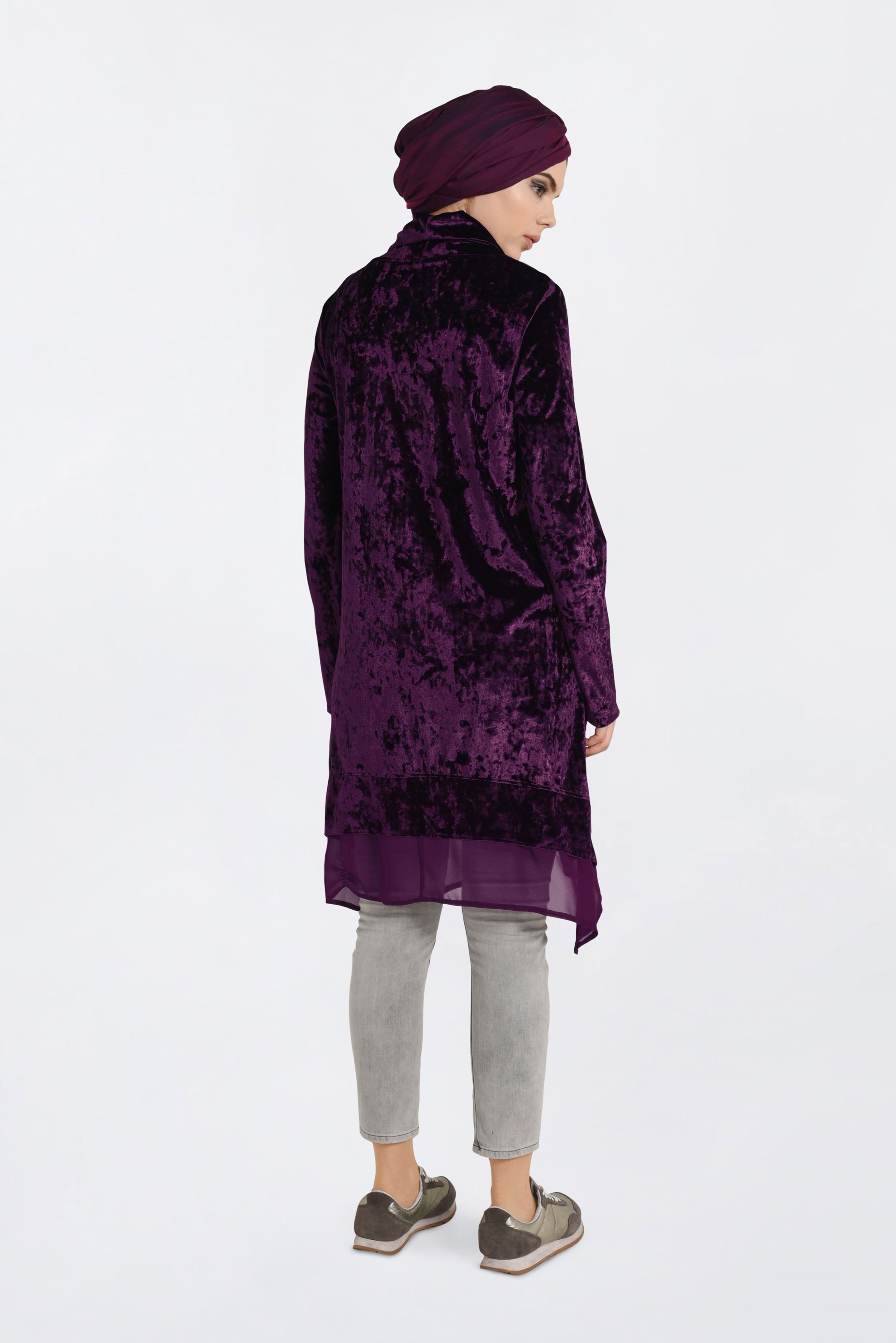 Tesettür giyim MÜRDÜM TAŞ BASKILI ETEK UCU ŞİFONLU KADİFE TUNİK 4868 