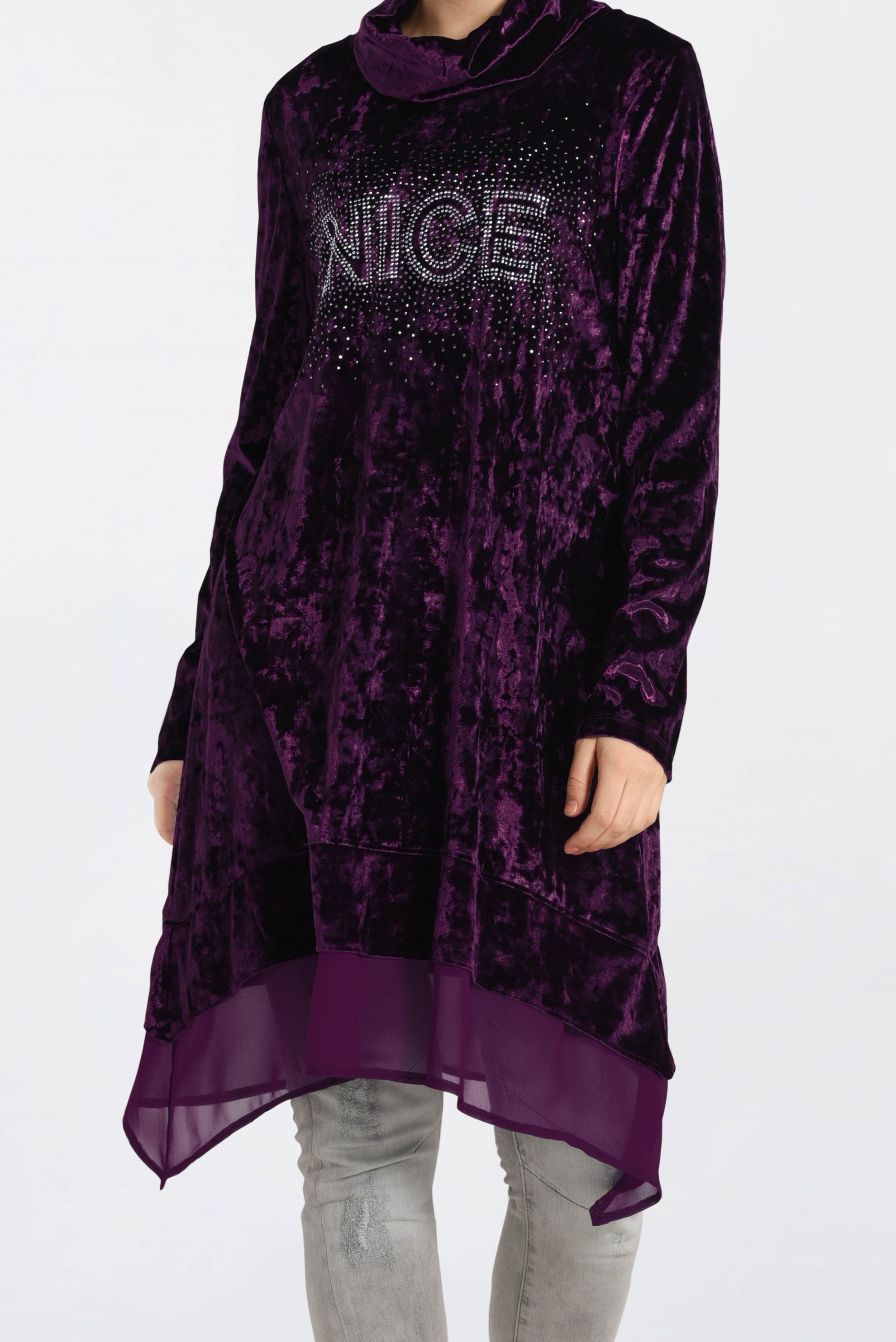 Tesettür giyim MÜRDÜM TAŞ BASKILI ETEK UCU ŞİFONLU KADİFE TUNİK 4868 