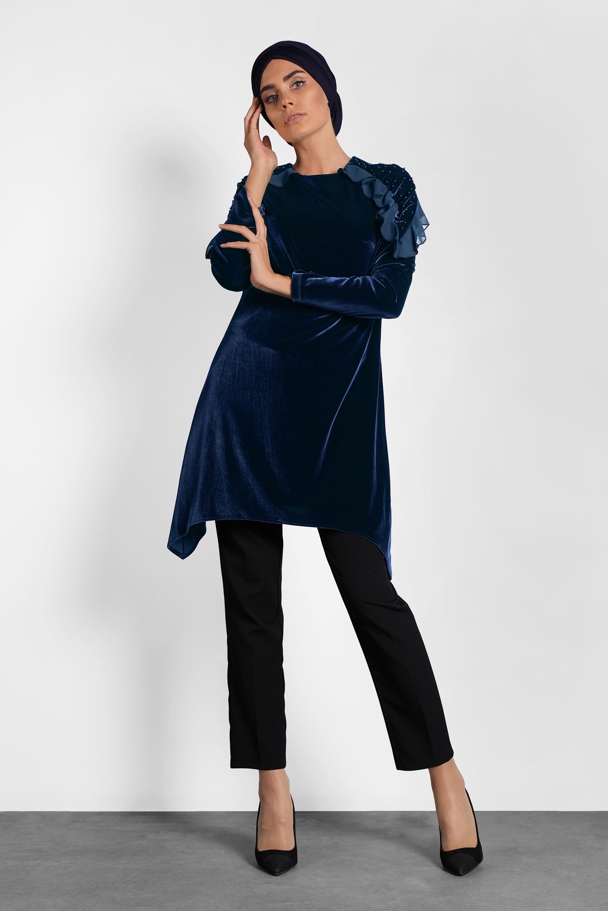 Tesettür giyim LACİVERT FIRFIR VE İNCİ DETAYLI KADİFE TUNİK 4869