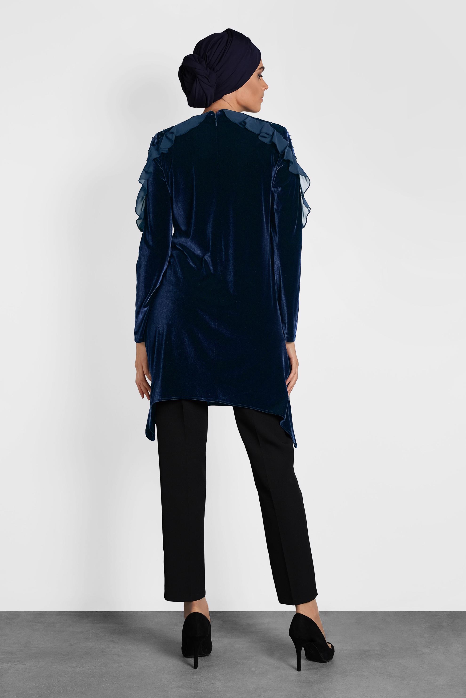 Tesettür giyim LACİVERT FIRFIR VE İNCİ DETAYLI KADİFE TUNİK 4869