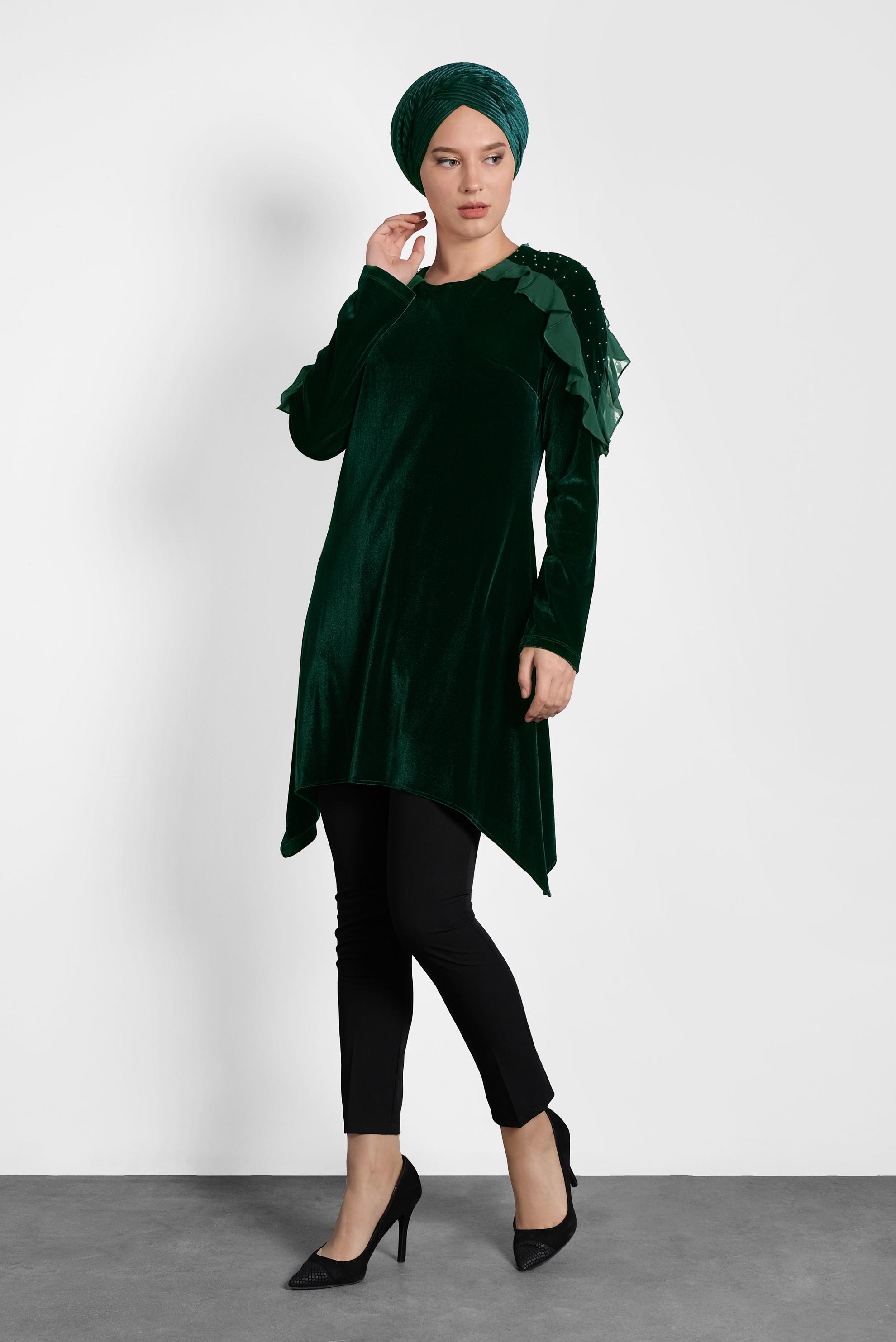 Tesettür giyim YEŞİL FIRFIR VE İNCİ DETAYLI KADİFE TUNİK 4869