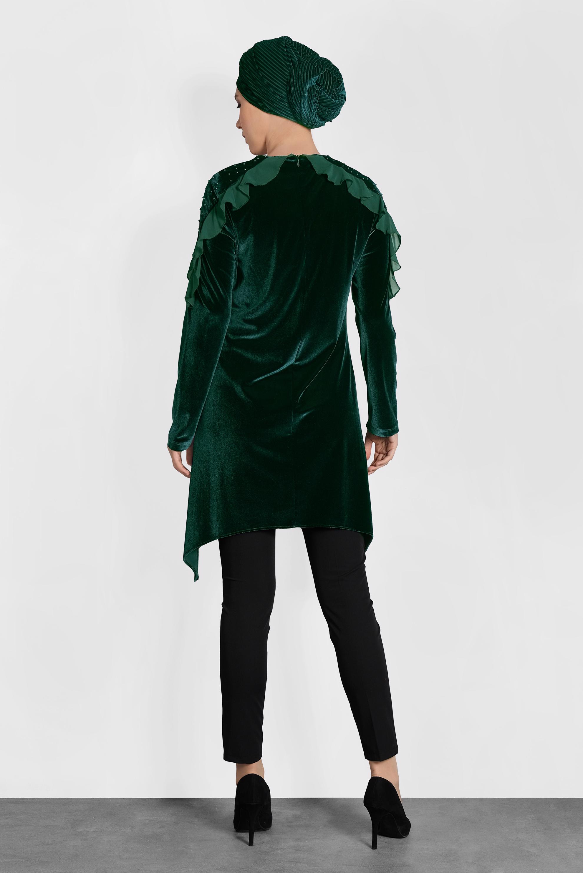 Tesettür giyim YEŞİL FIRFIR VE İNCİ DETAYLI KADİFE TUNİK 4869