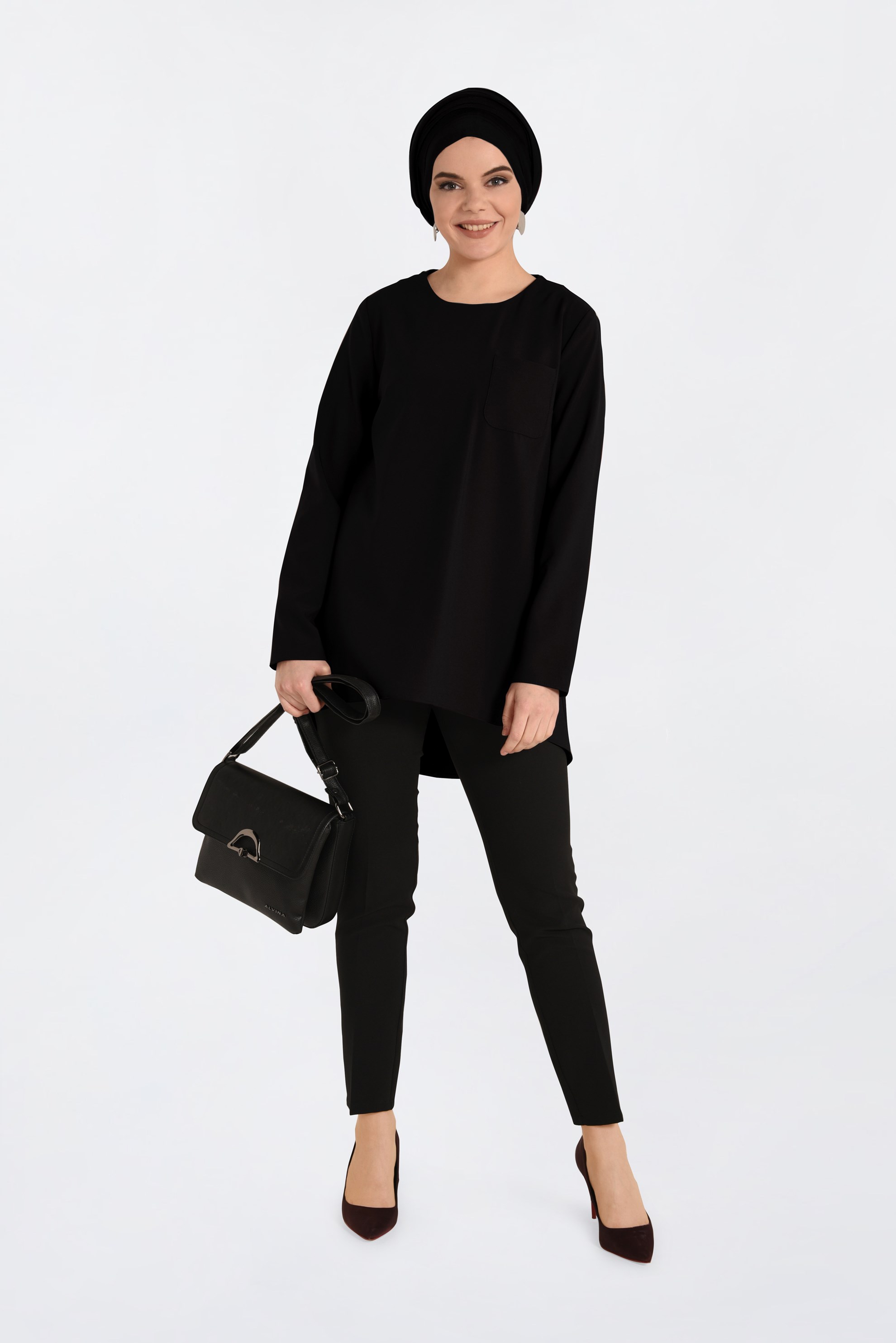 Tesettür giyim SİYAH BİSİKLET YAKA CEPLİ TUNİK 4871