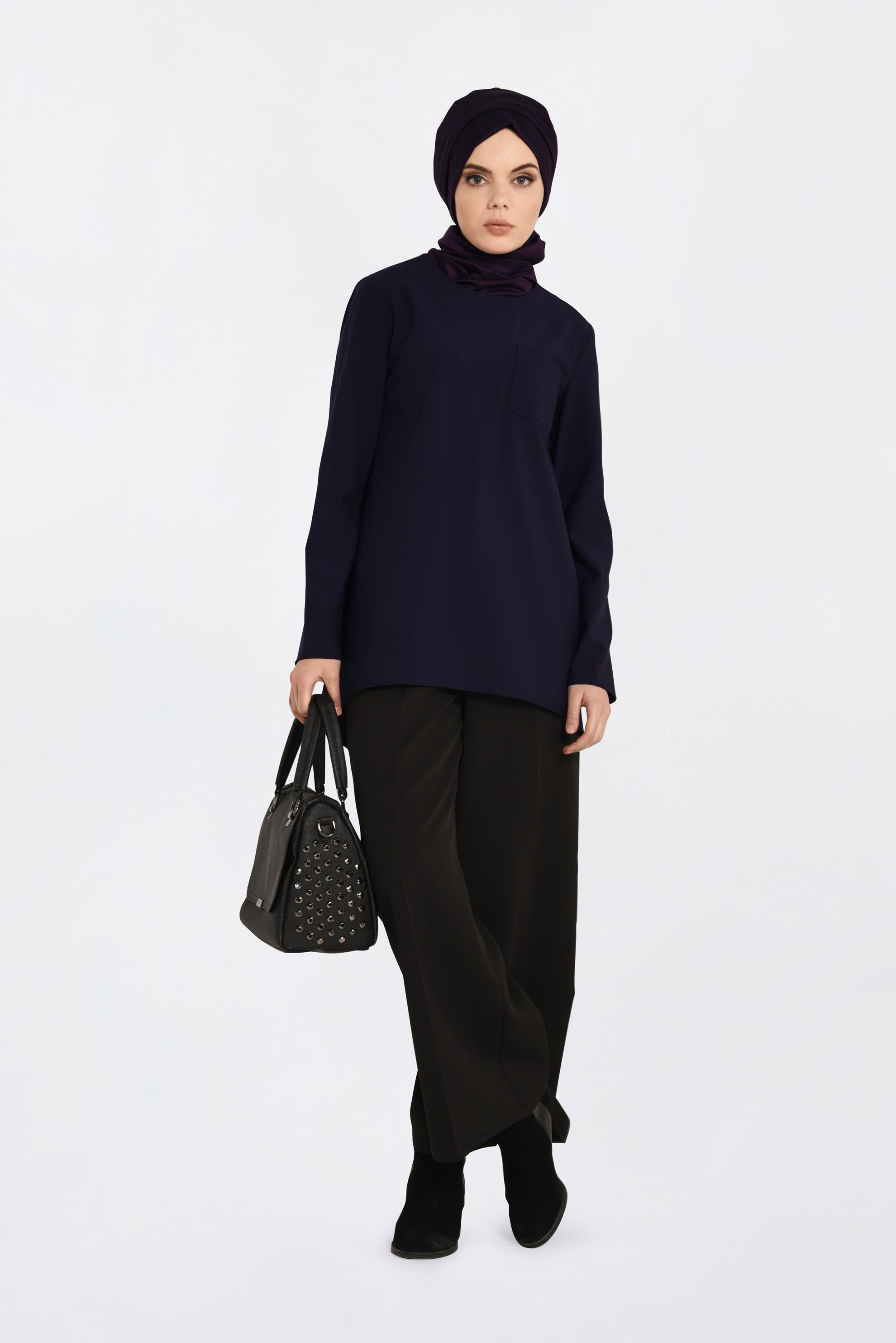 Tesettür giyim MOR BİSİKLET YAKA CEPLİ TUNİK 4871