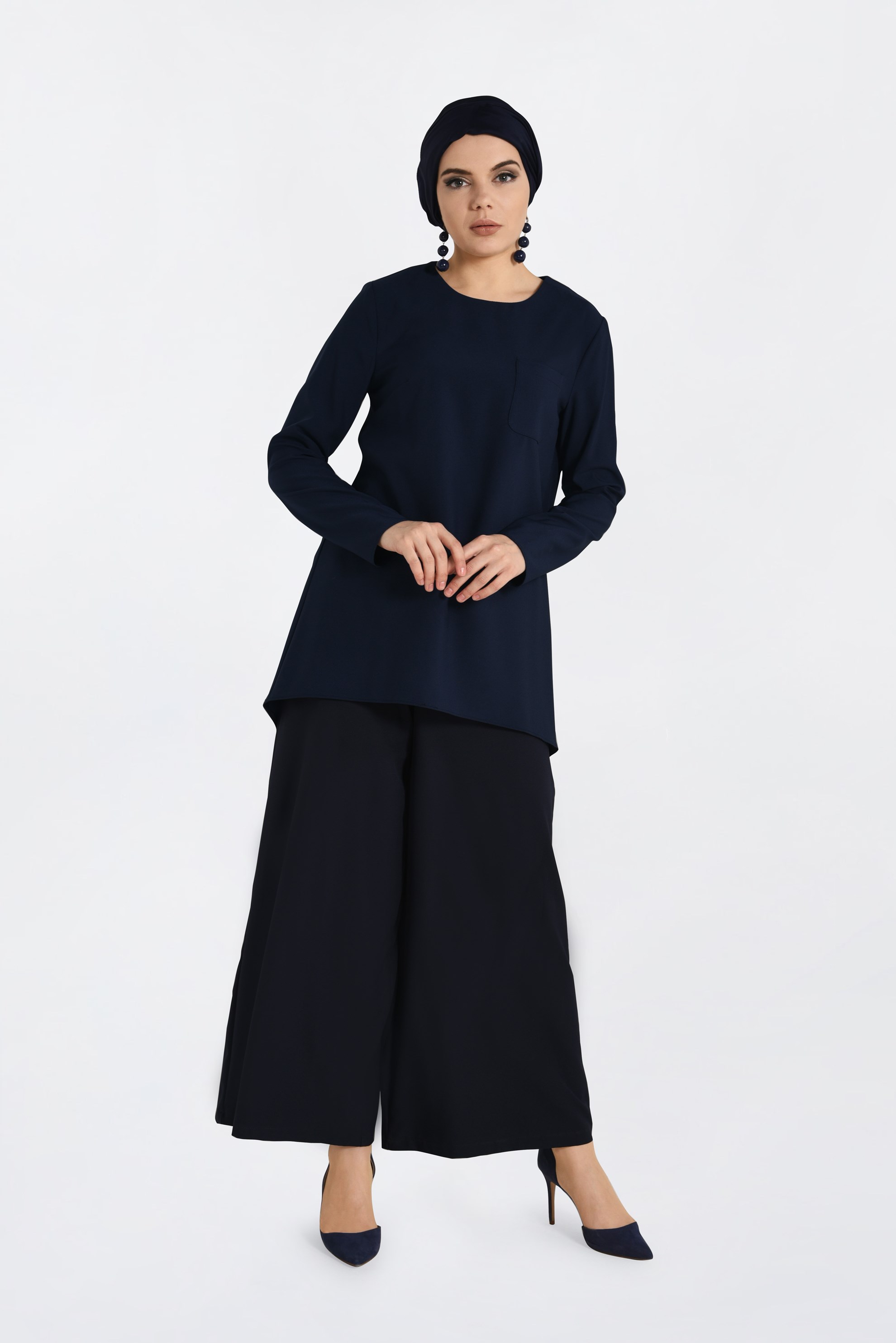 Tesettür giyim LACİVERT BİSİKLET YAKA CEPLİ TUNİK 4871