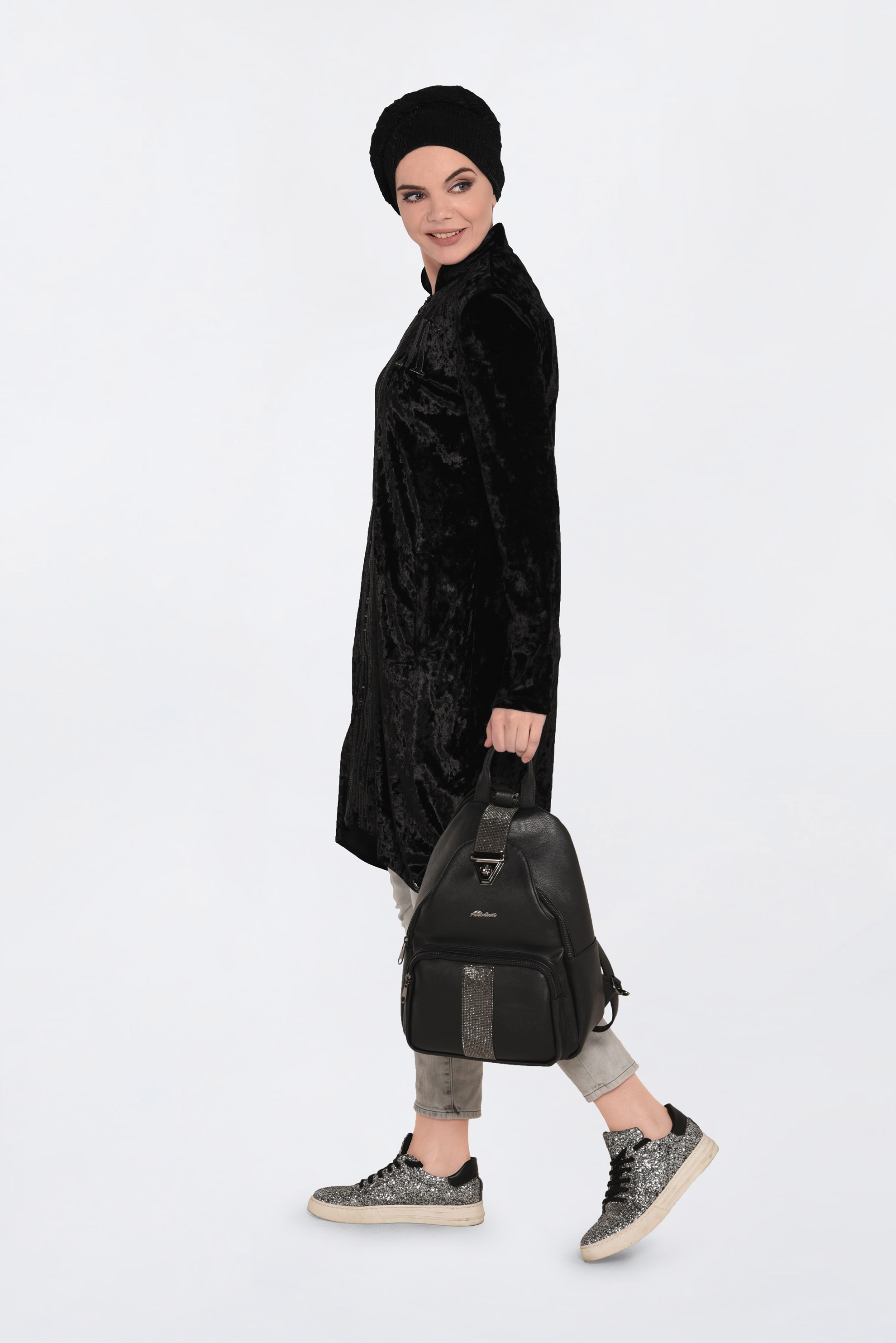 Tesettür giyim SİYAH HAKİM YAKA KADİFE EŞOFMAN TUNİK 4872