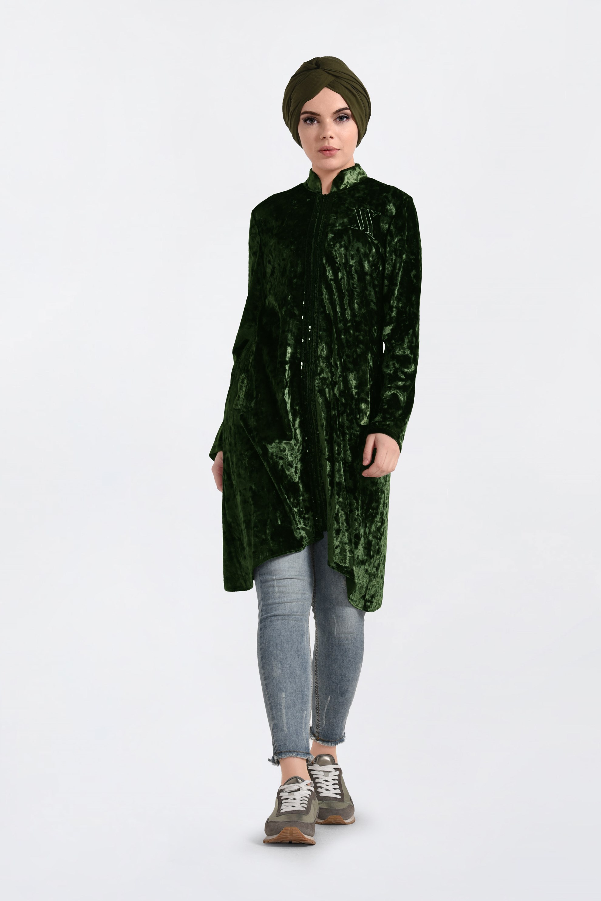 Tesettür giyim HAKİ HAKİM YAKA KADİFE EŞOFMAN TUNİK 4872