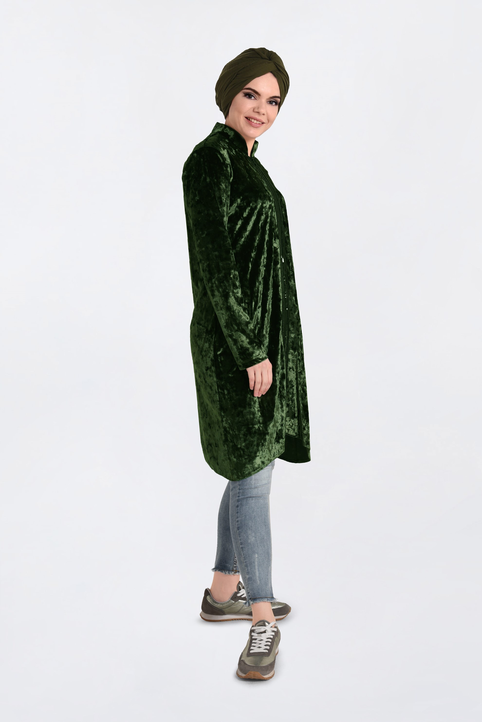 Tesettür giyim HAKİ HAKİM YAKA KADİFE EŞOFMAN TUNİK 4872