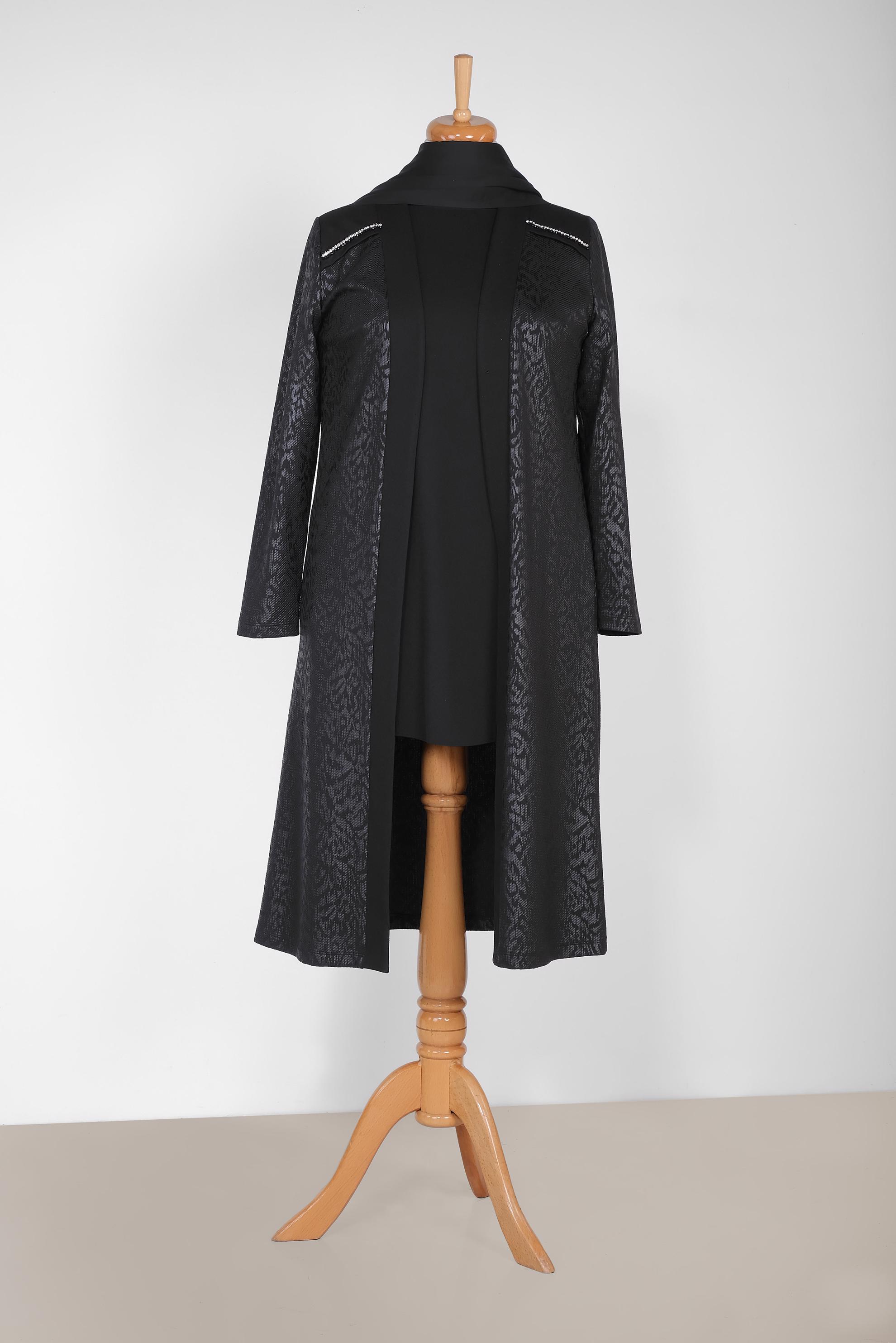 Tesettür giyim SİYAH OMUZLARI TAŞ BASKI DETAYLI DESENLİ 2Lİ TUNİK 2854-1