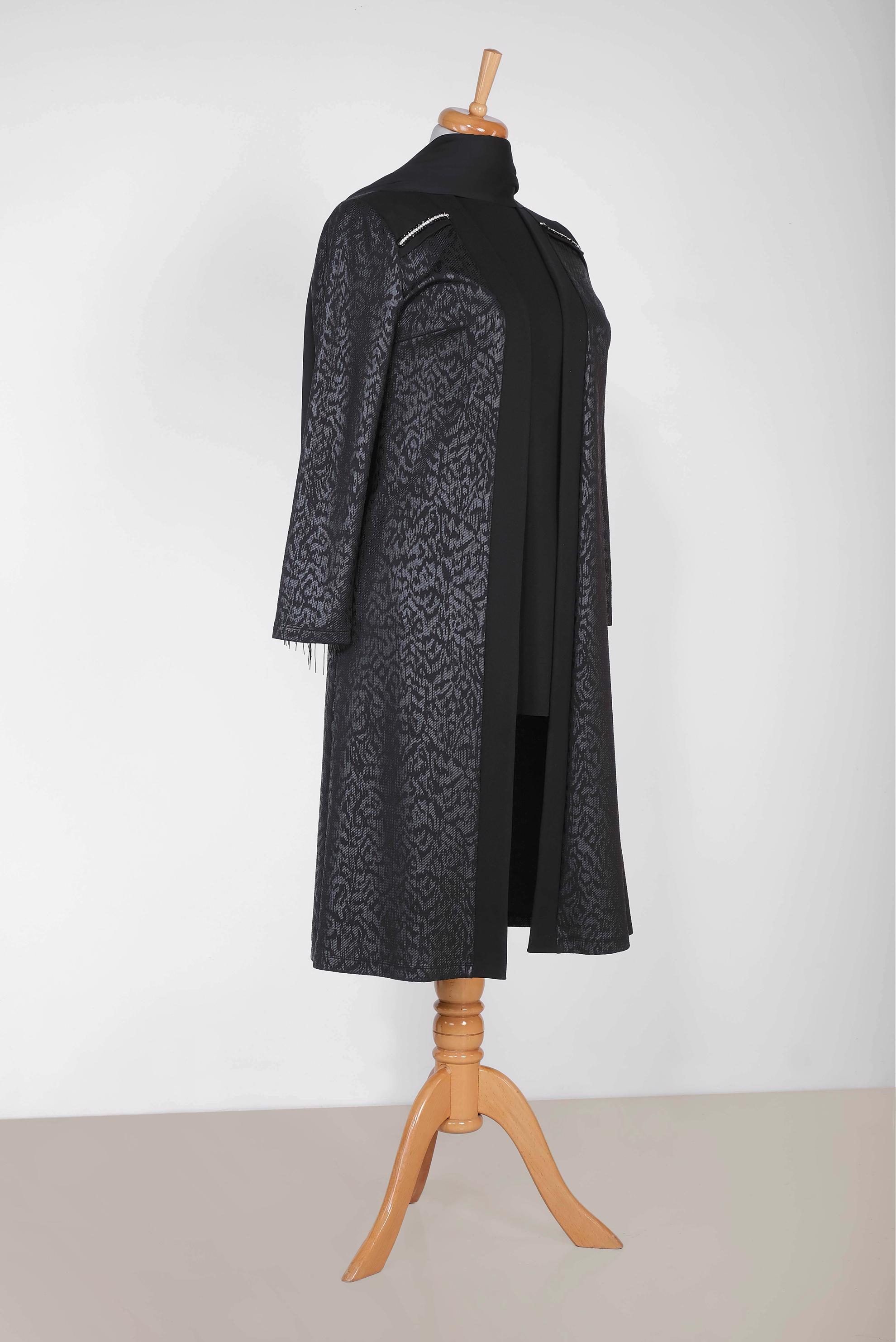 Tesettür giyim SİYAH OMUZLARI TAŞ BASKI DETAYLI DESENLİ 2Lİ TUNİK 2854-1