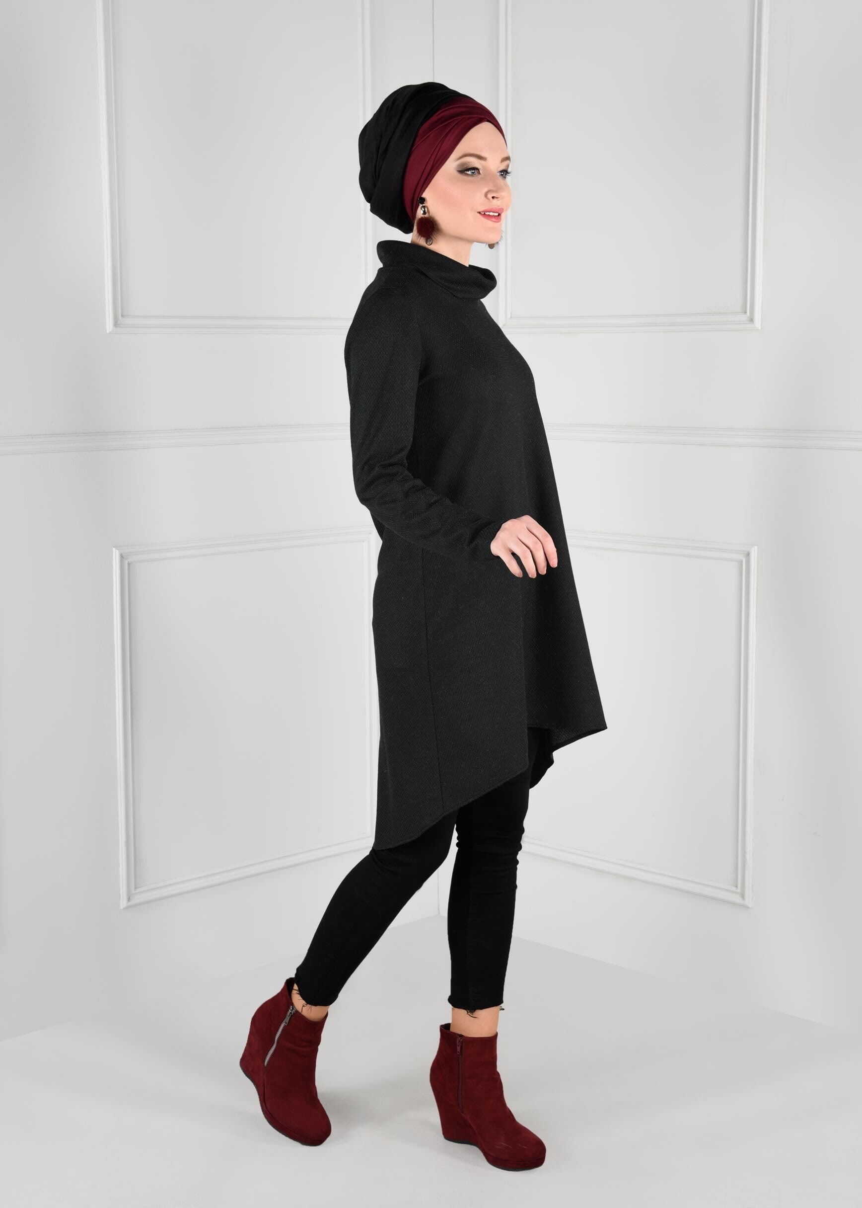 Tesettür giyim SİYAH ŞAL YAKA ASİMETRİK KESİM DÜZ TUNİK 4613-2 