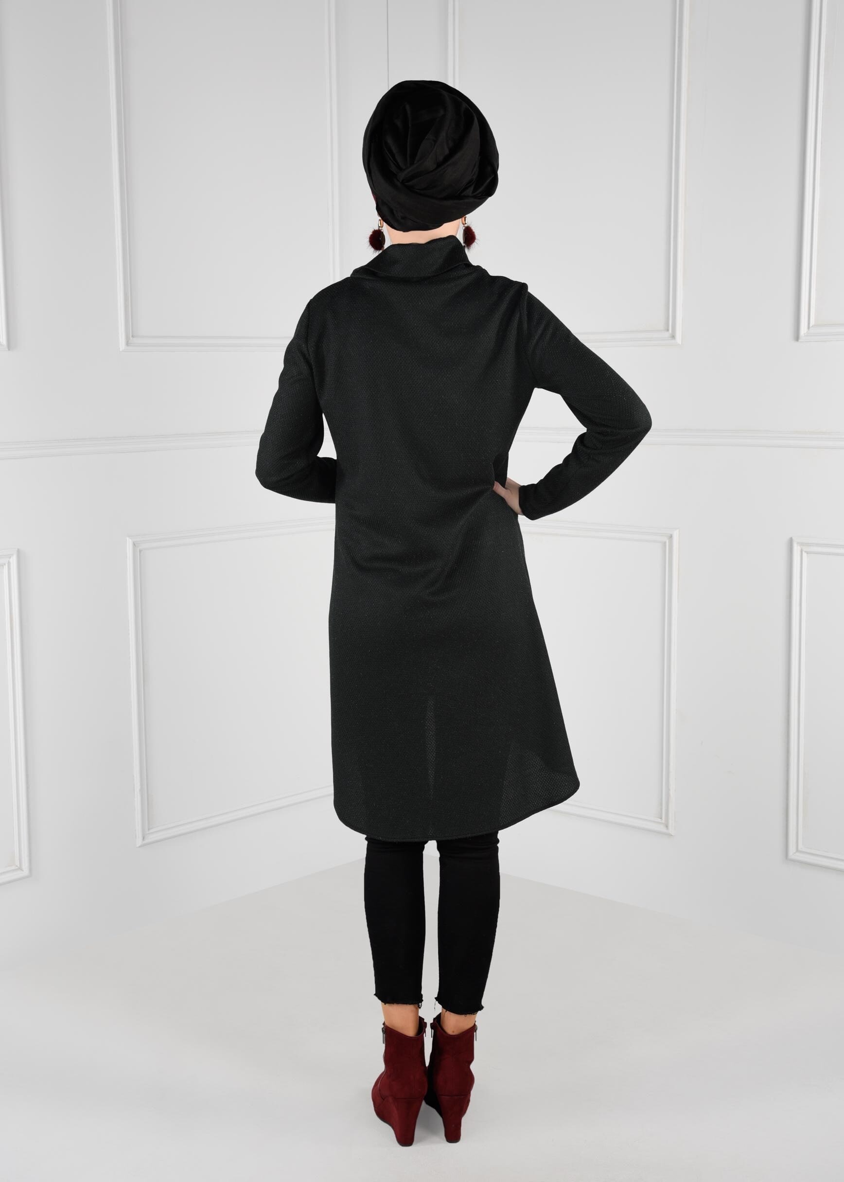 Tesettür giyim SİYAH ŞAL YAKA ASİMETRİK KESİM DÜZ TUNİK 4613-2 