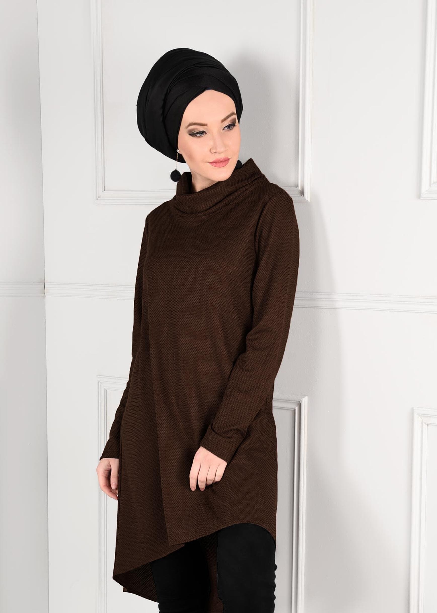 Tesettür giyim KAHVE ŞAL YAKA ASİMETRİK KESİM DÜZ TUNİK 4613-2 