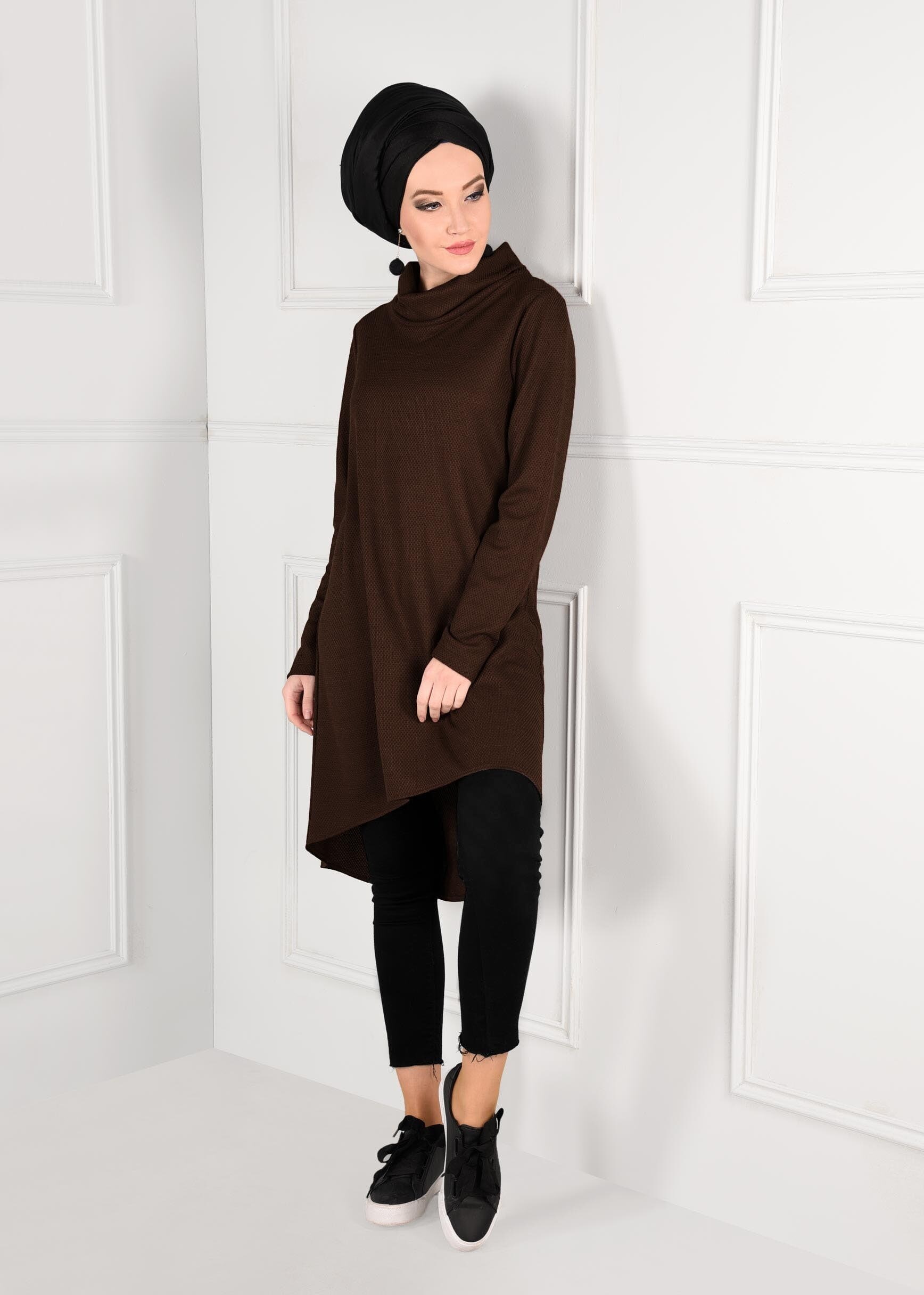 Tesettür giyim KAHVE ŞAL YAKA ASİMETRİK KESİM DÜZ TUNİK 4613-2 