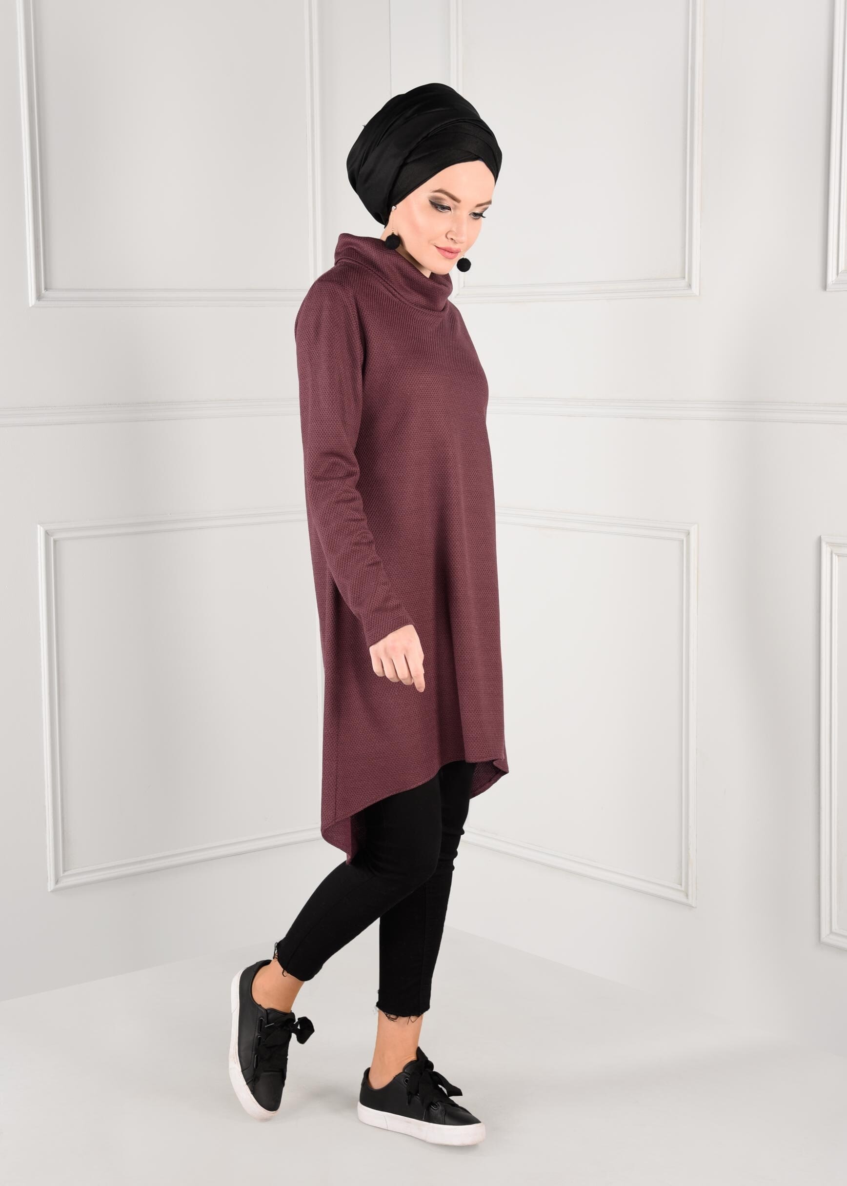 Tesettür giyim MÜRDÜM ŞAL YAKA ASİMETRİK KESİM DÜZ TUNİK 4613-2 