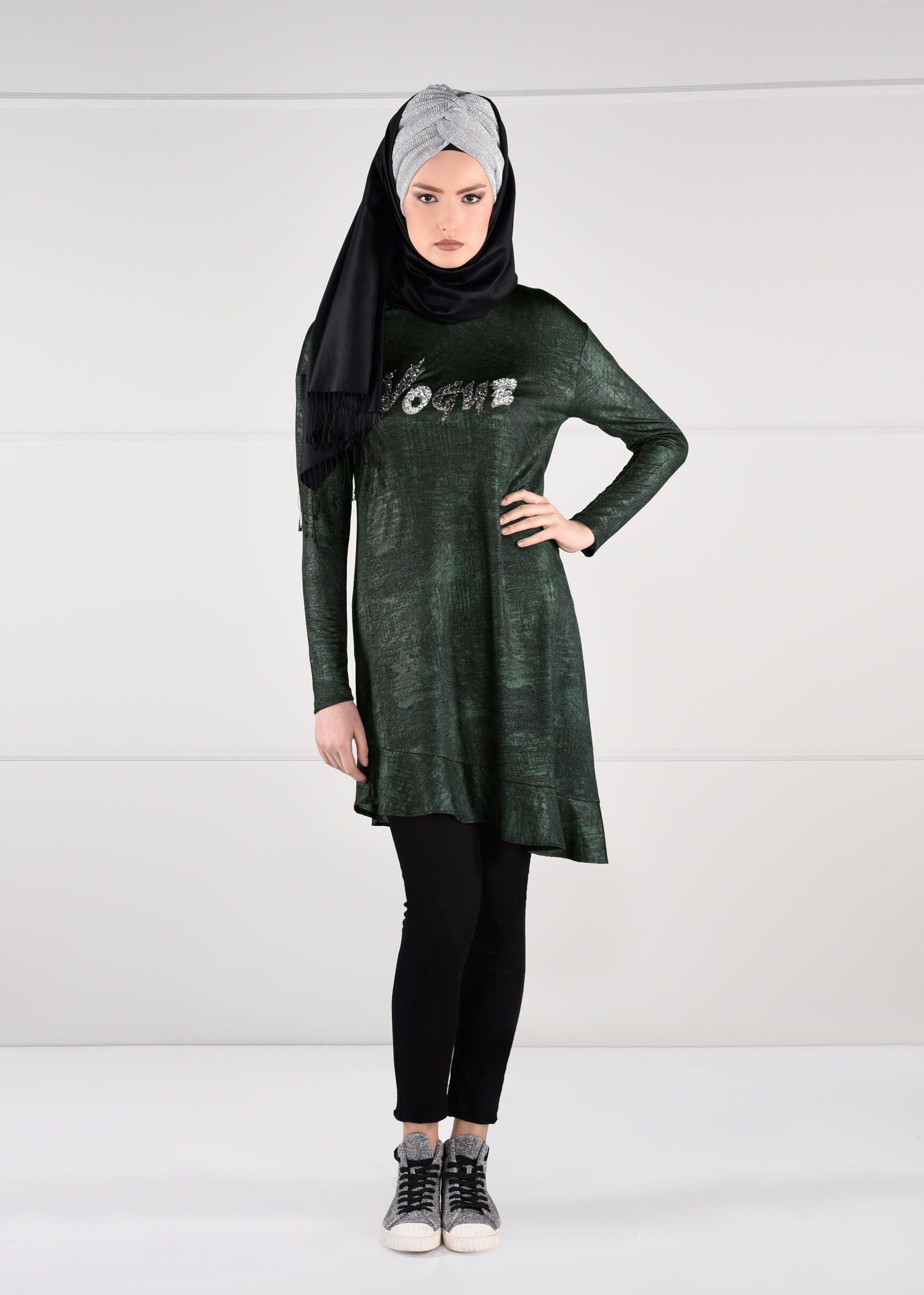 Tesettür giyim HAKİ PAYETLİ ASİMETRİK KESİM TUNİK 4829-1 