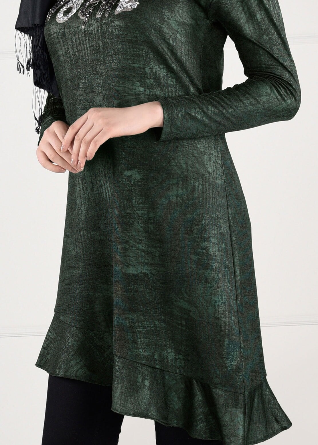 Tesettür giyim HAKİ PAYETLİ ASİMETRİK KESİM TUNİK 4829-1 