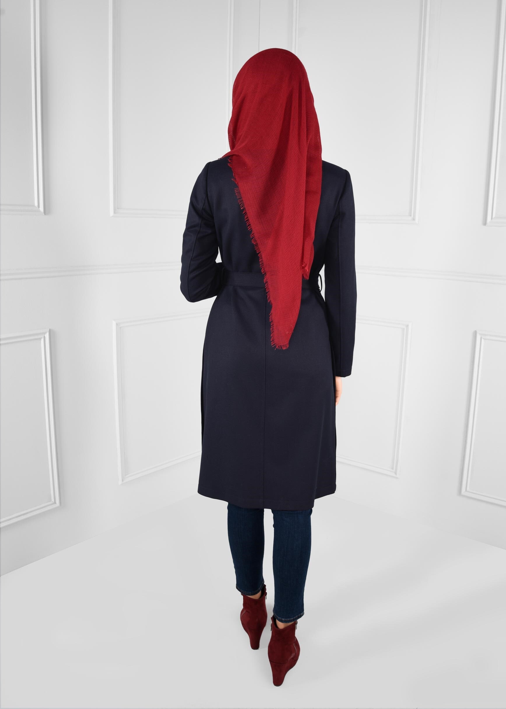 Tesettür giyim LACİVERT YANLARI ZIMBALI KUŞAKLI KRUVAZE TRENÇKOT 1143