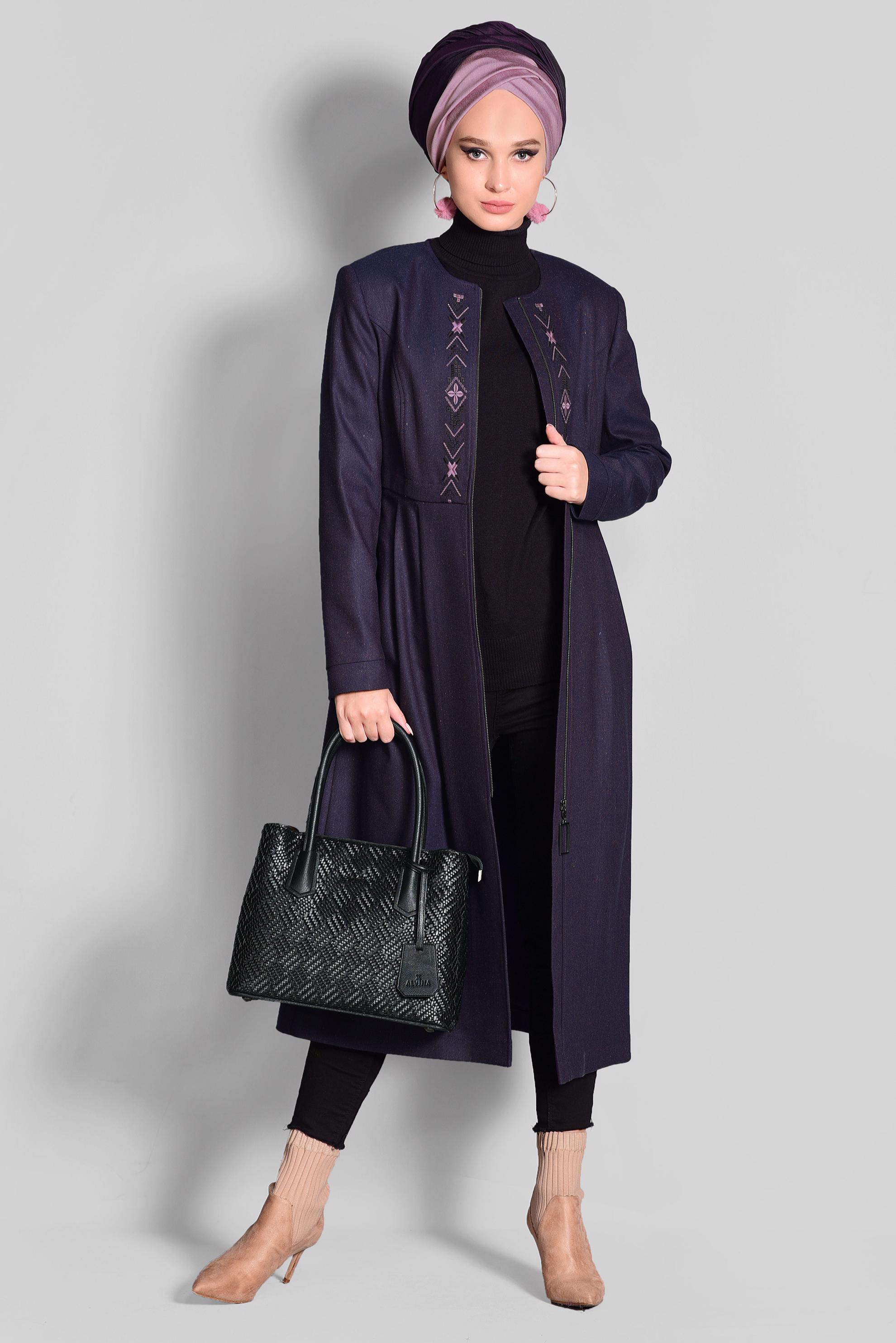 Tesettür giyim MOR NAKIŞ İŞLEMELİ FERMUARLI TRENÇKOT 1145