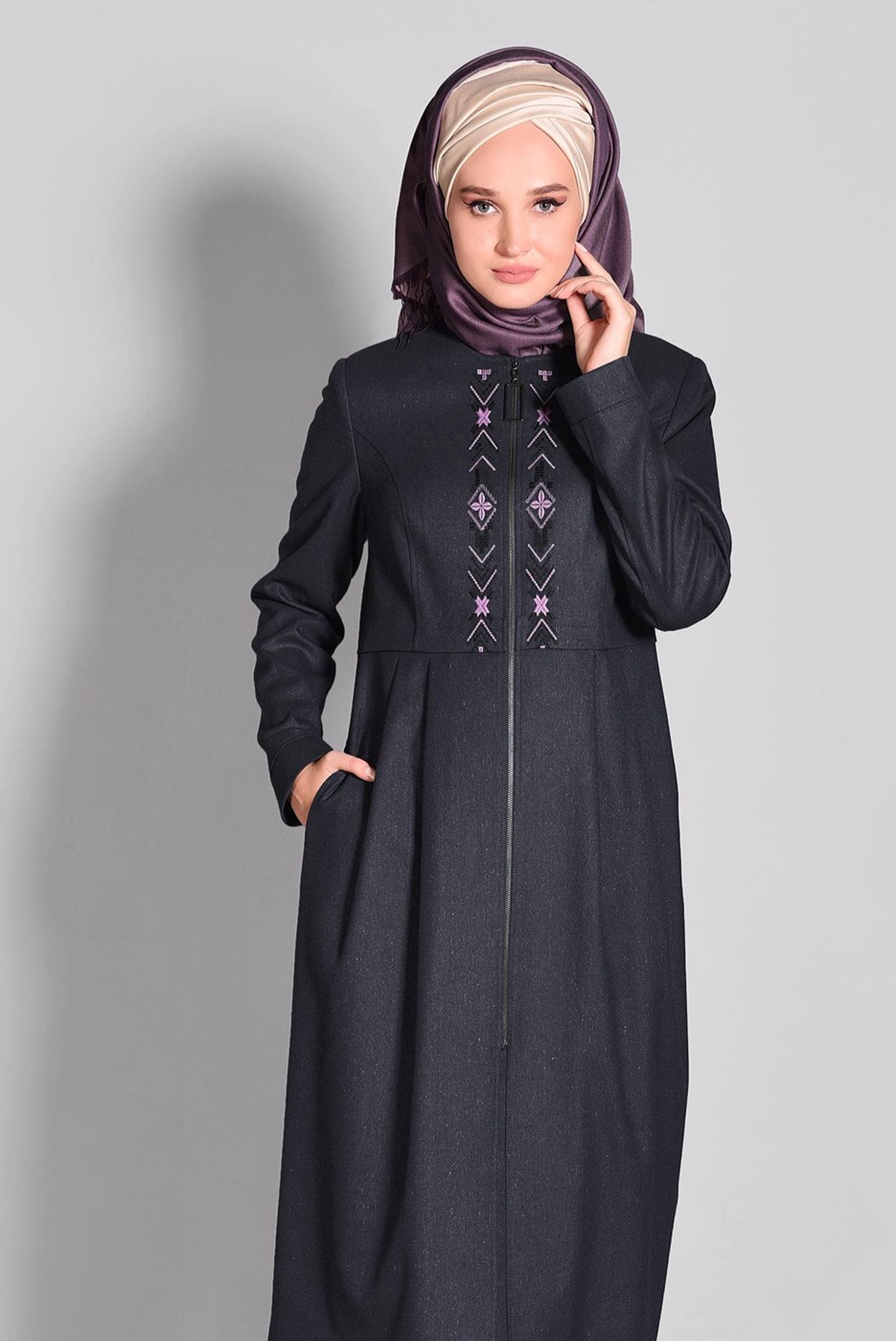 Tesettür giyim GRİ NAKIŞ İŞLEMELİ FERMUARLI TRENÇKOT 1145